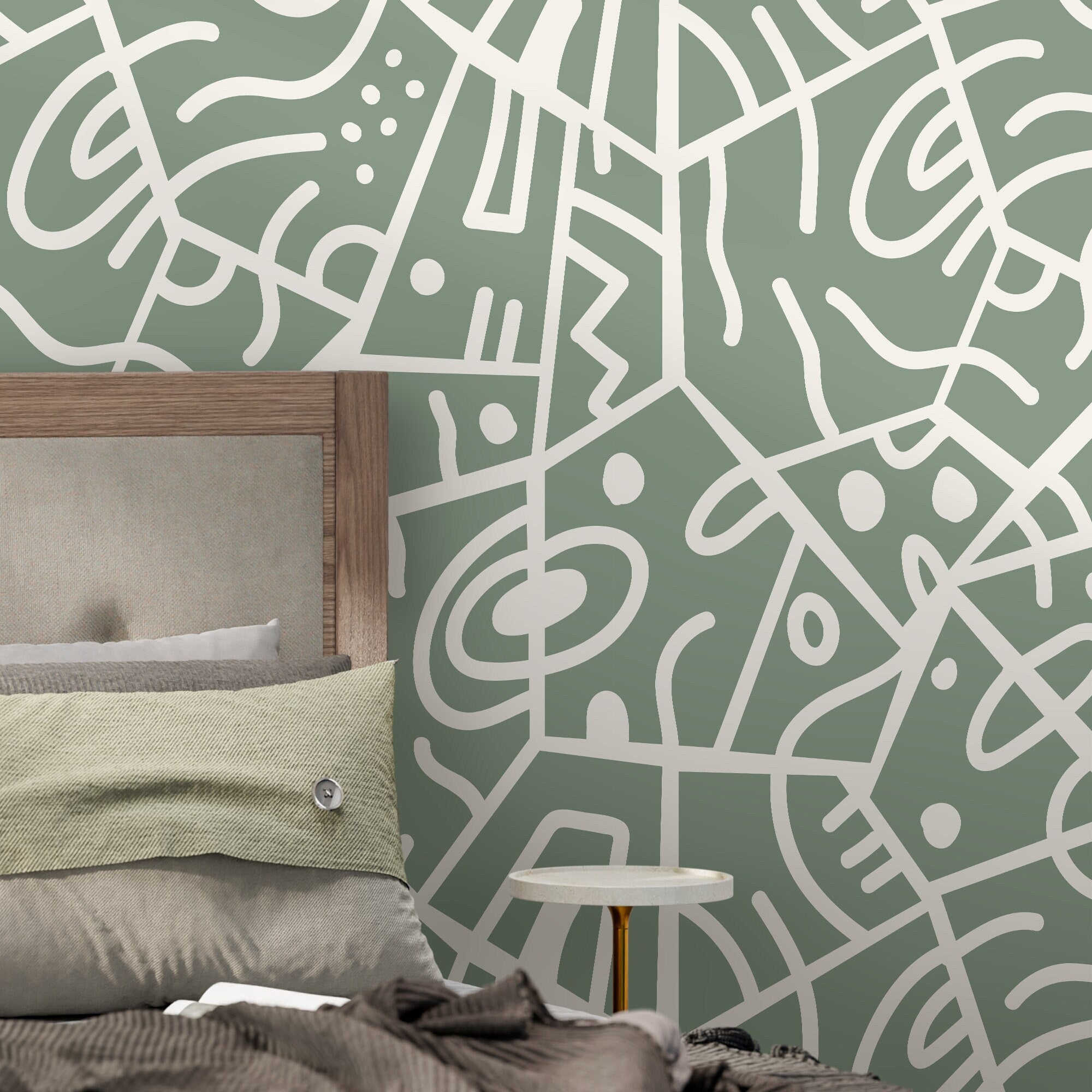 Abstract Wallpaper With Ethnic Line Art In Green And White - D551