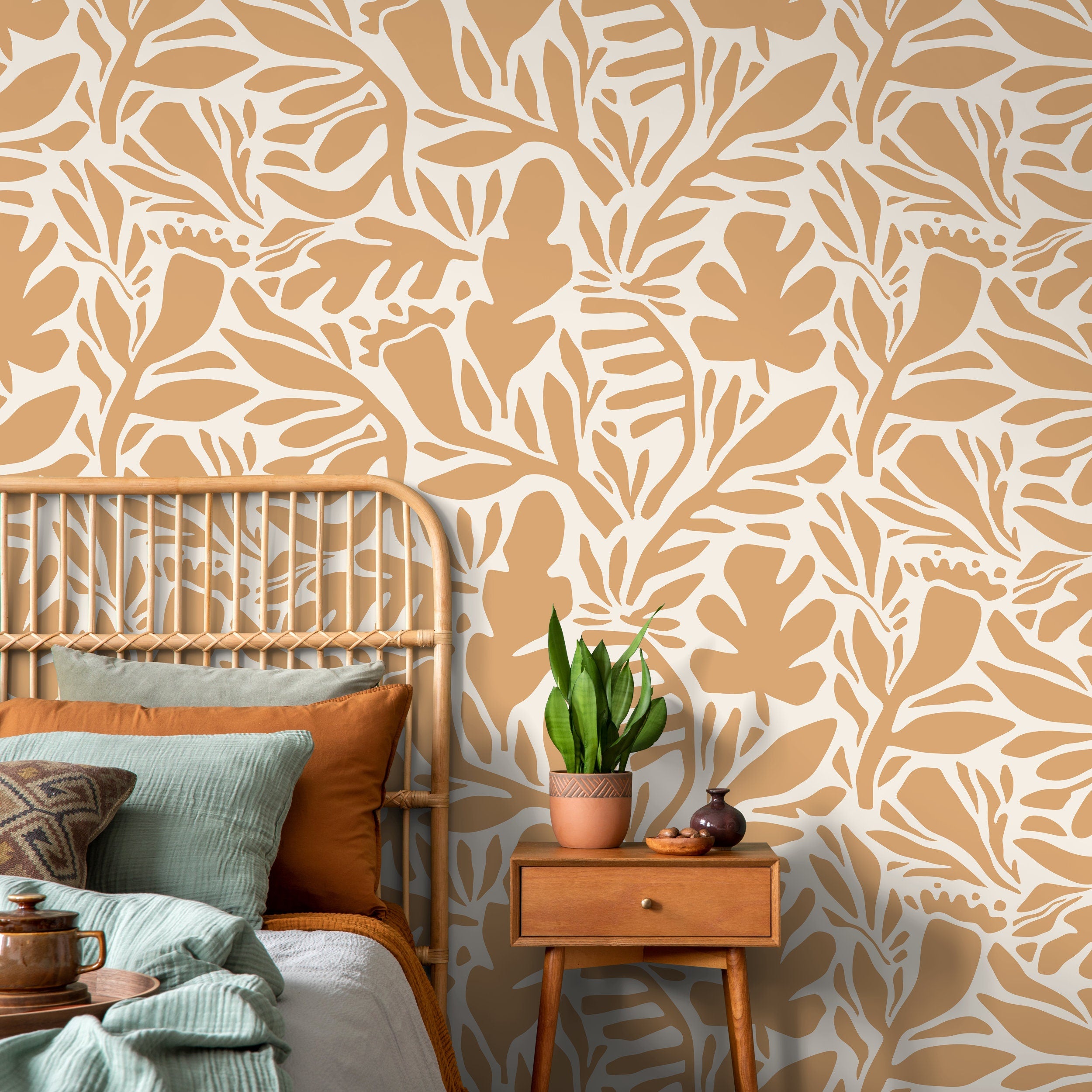 Botanical Wallpaper With Abstract Leaf Shapes In Yellow And Cream - D700