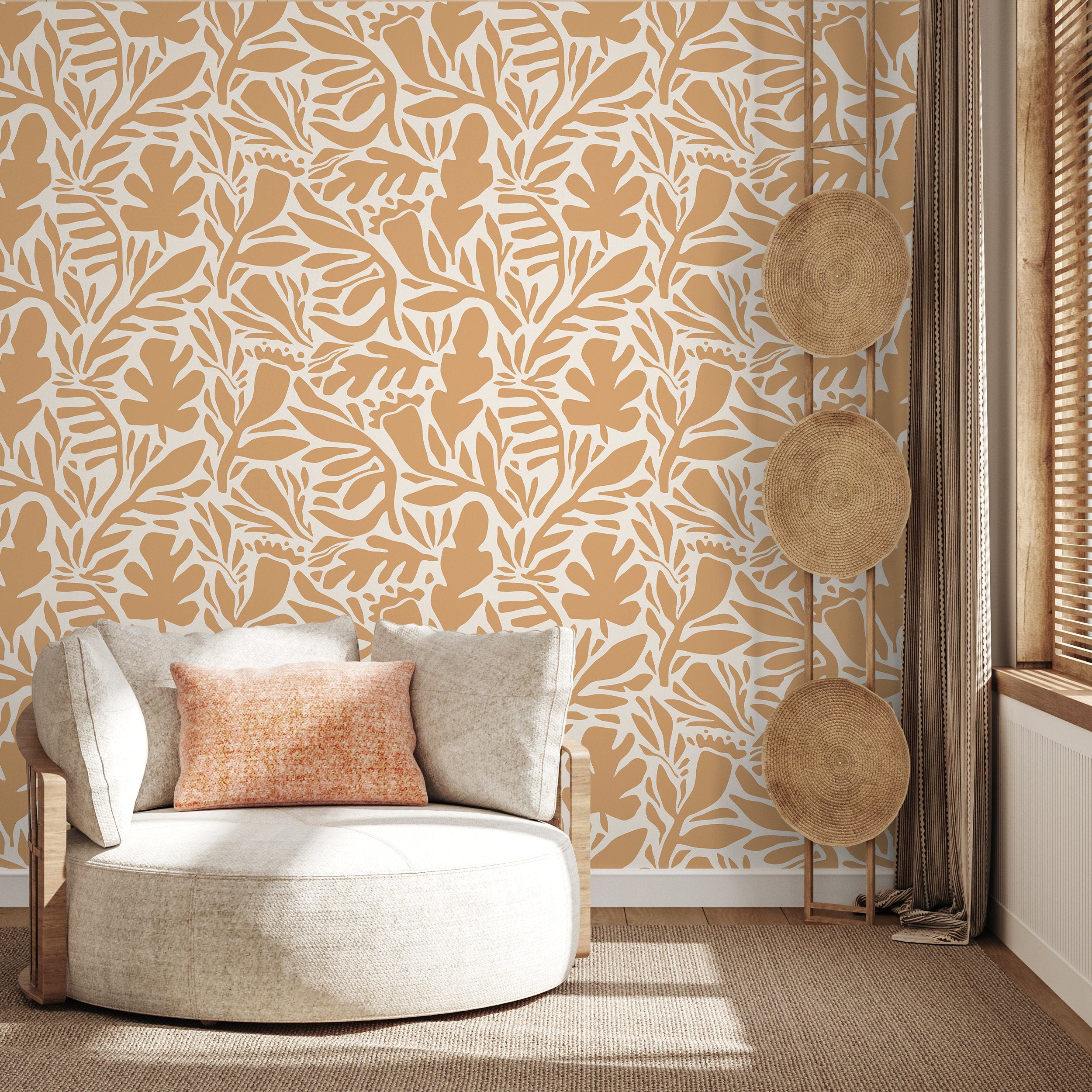 Botanical Wallpaper With Abstract Leaf Shapes In Yellow And Cream - D700