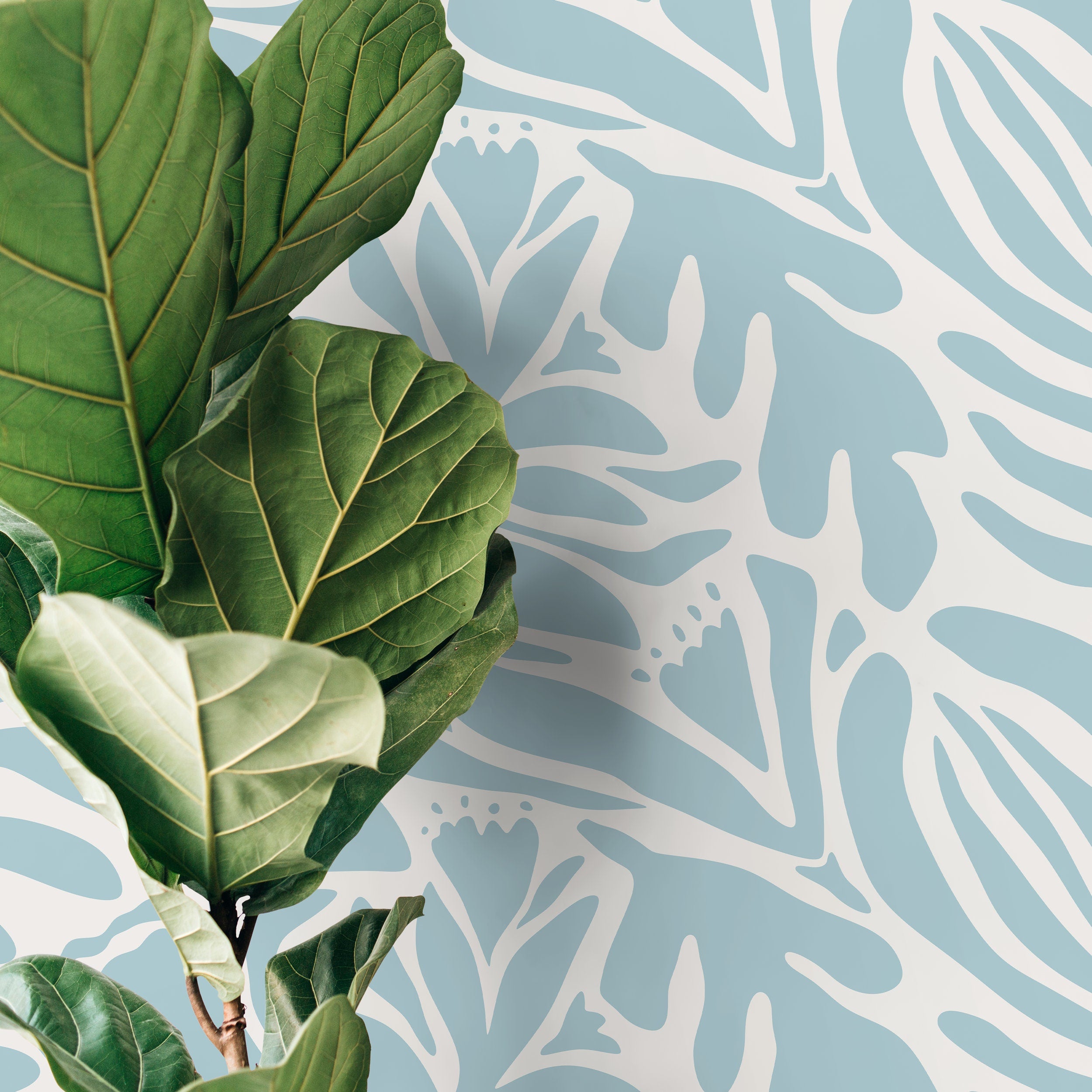 Abstract Floral Wallpaper Featuring Bold Botanical Cutouts In Light Blue - D701