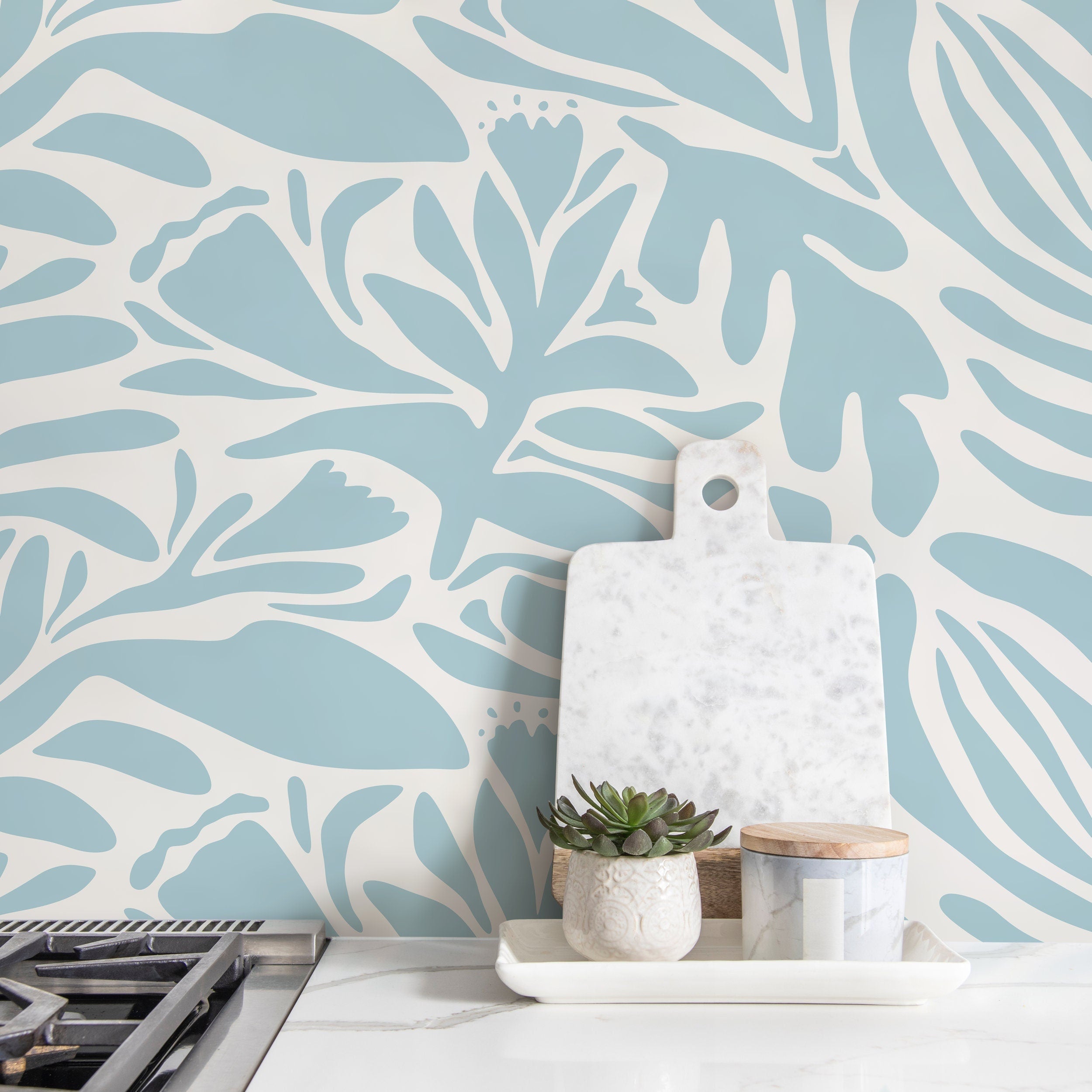 Abstract Floral Wallpaper Featuring Bold Botanical Cutouts In Light Blue - D701