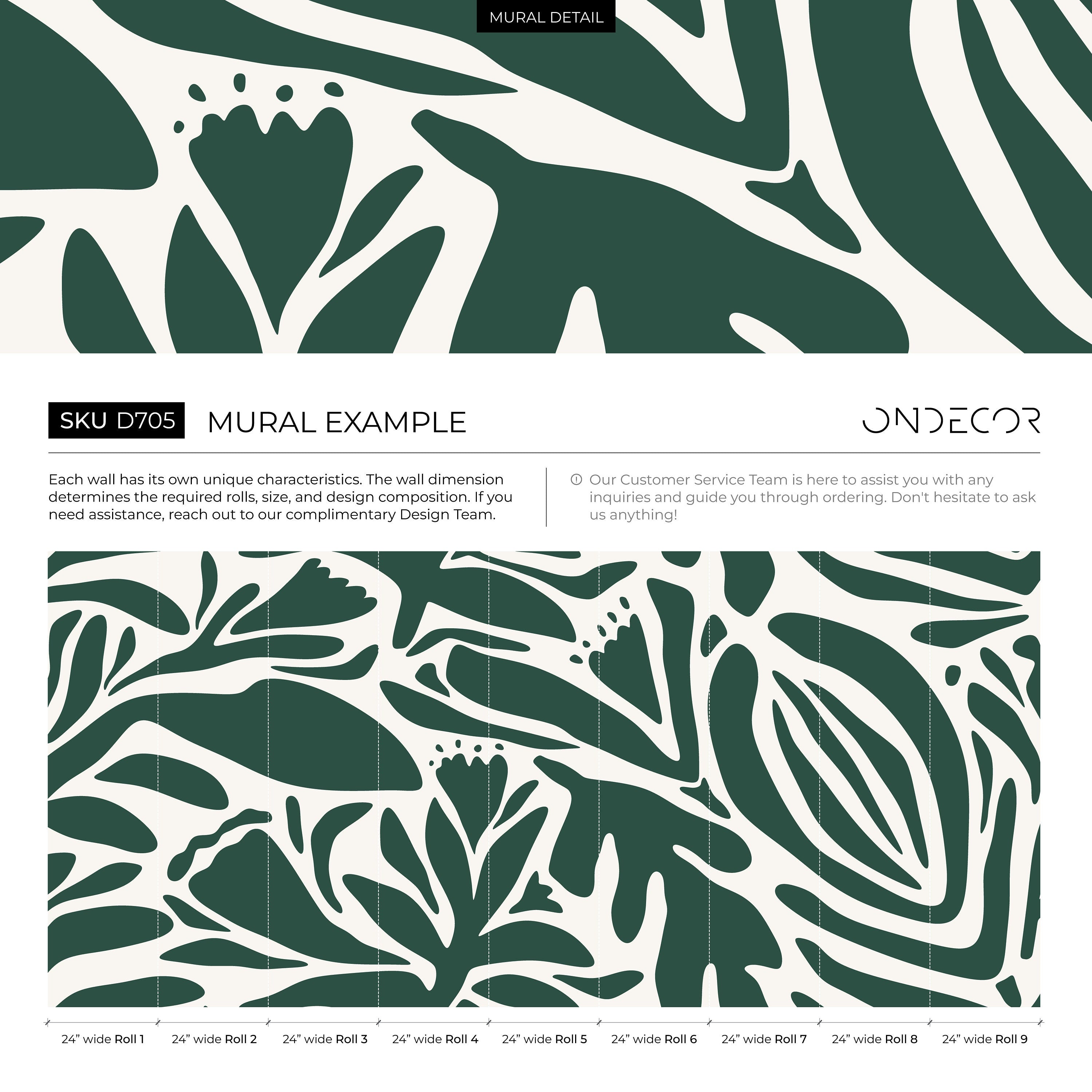 Abstract Wallpaper Featuring Bold Floral Silhouettes In Dark Green And White - D705