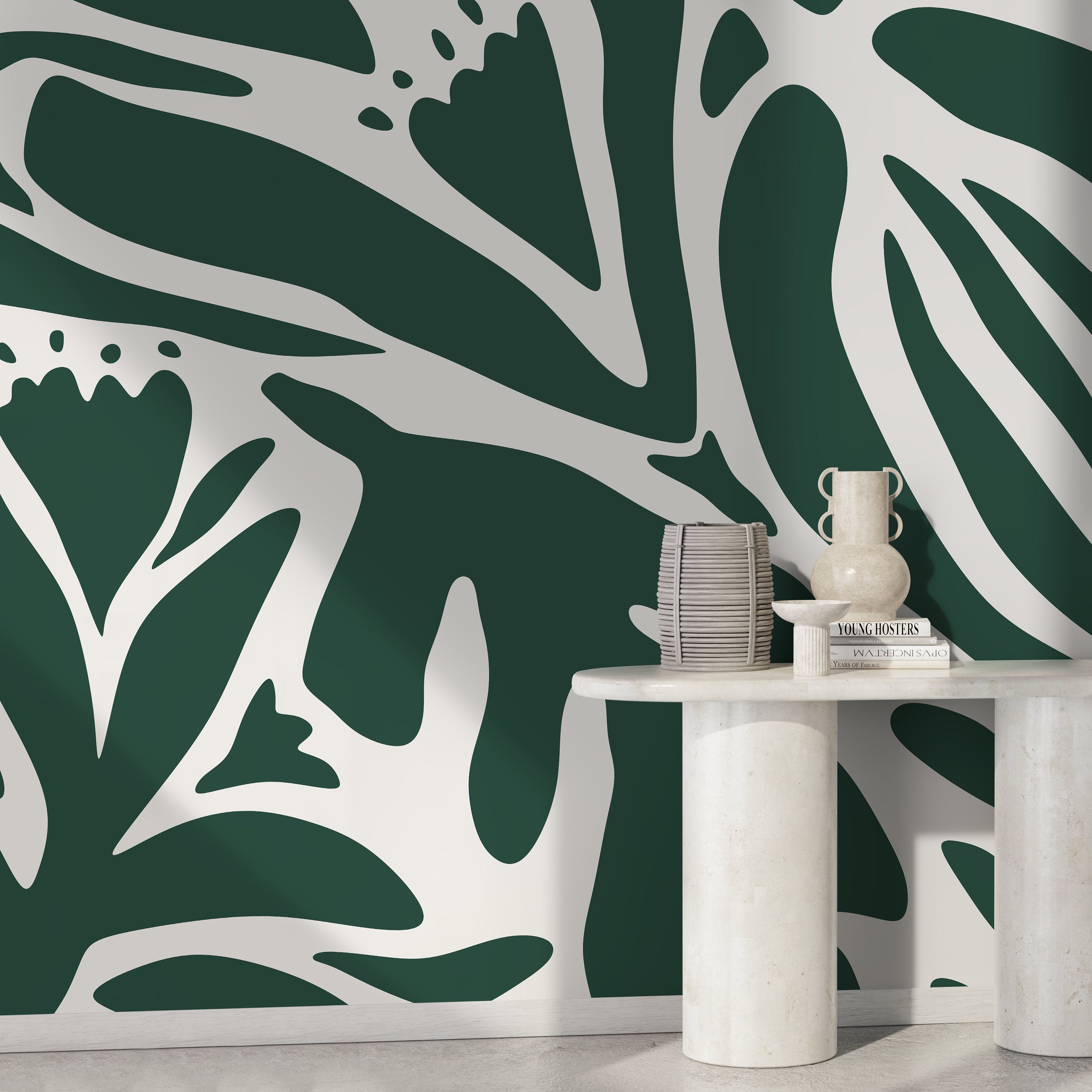 Abstract Wallpaper Featuring Bold Floral Silhouettes In Dark Green And White - D705