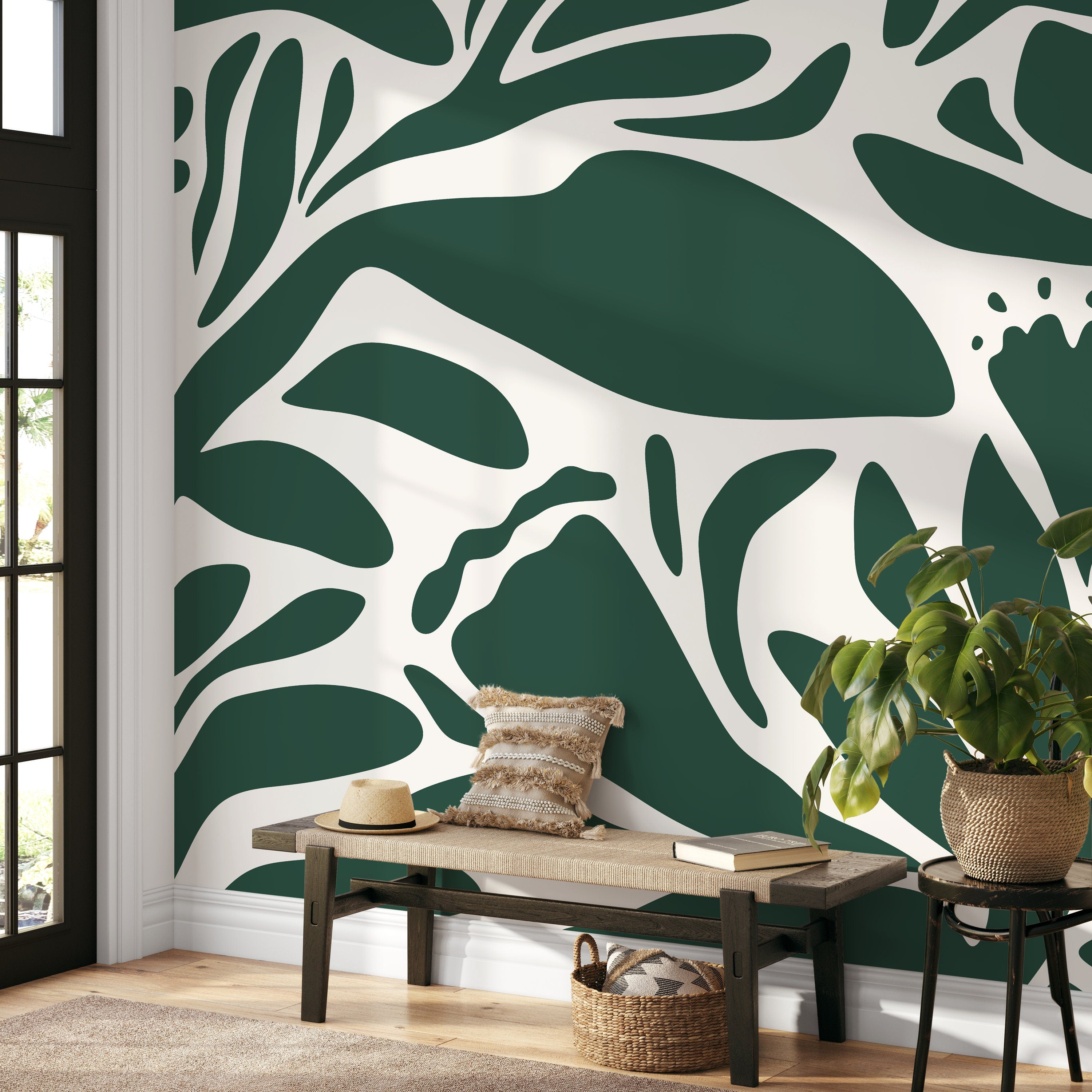Abstract Wallpaper Featuring Bold Floral Silhouettes In Dark Green And White - D705