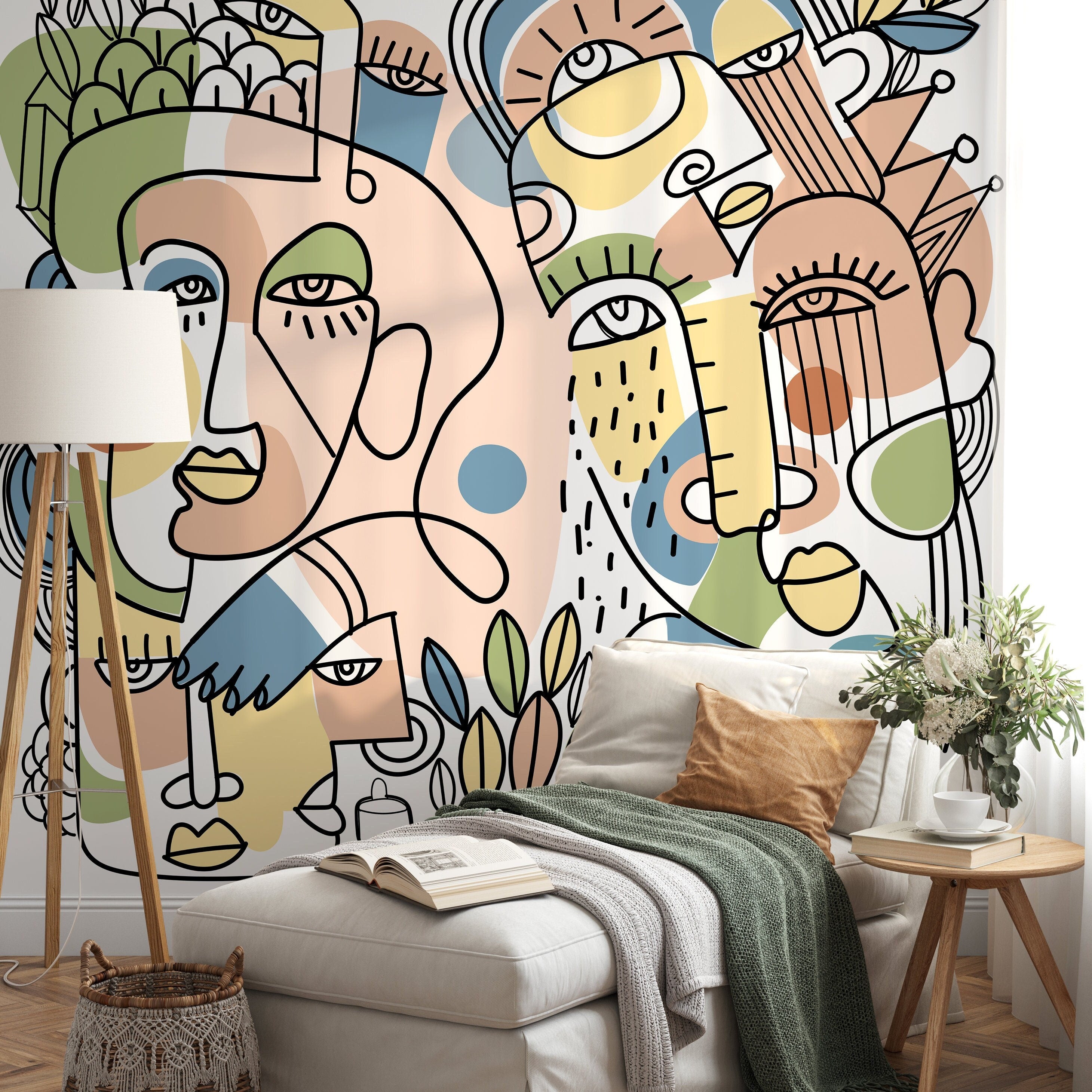 Abstract Wallpaper With Continuous Line Art Faces In Green, Blue, And Peach - D555