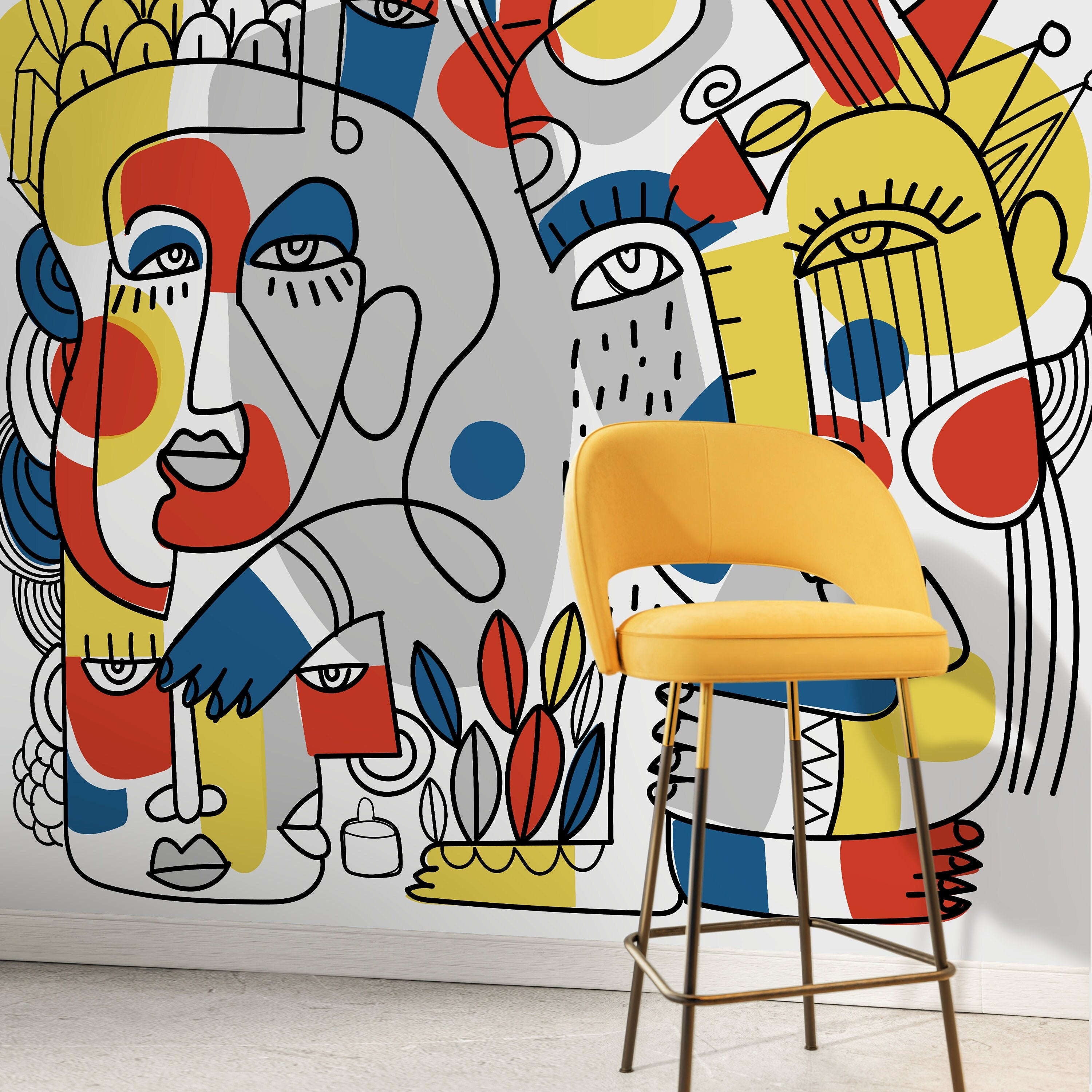 Abstract Wallpaper With Bold Line Art Faces In Yellow, Red, And Blue - D556