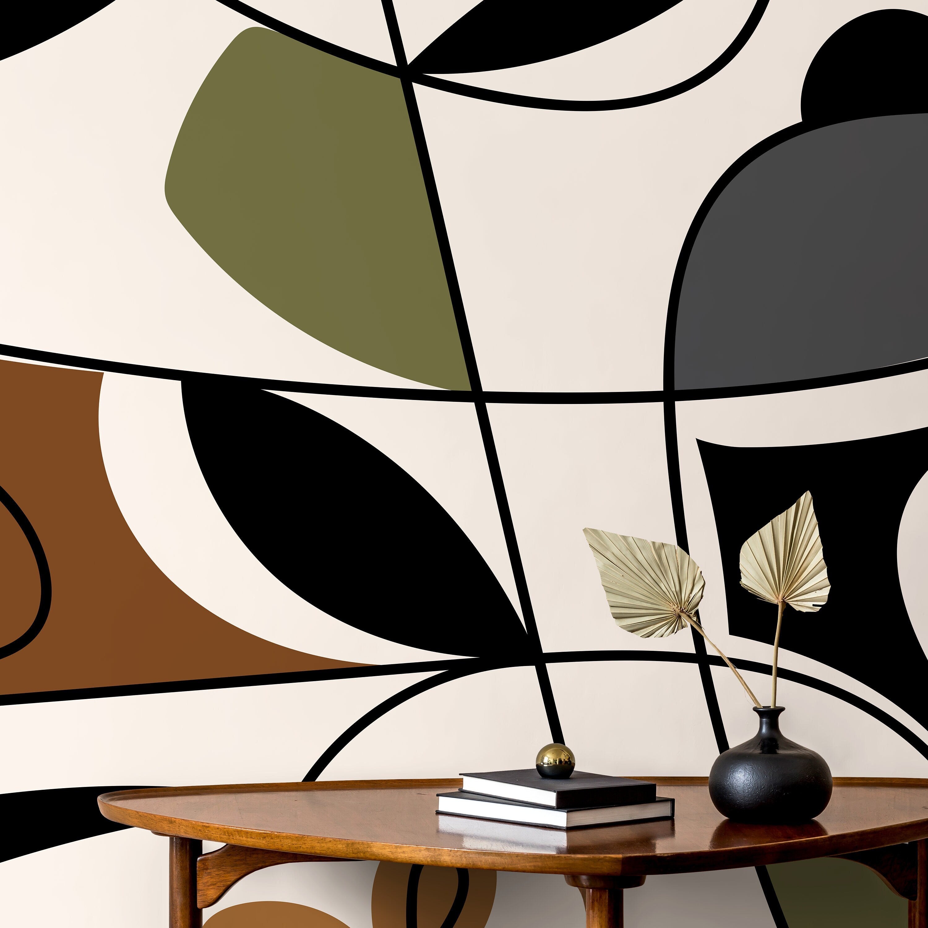 Abstract Wallpaper With Bold Geometric Shapes In Green, Brown, And Black - D561