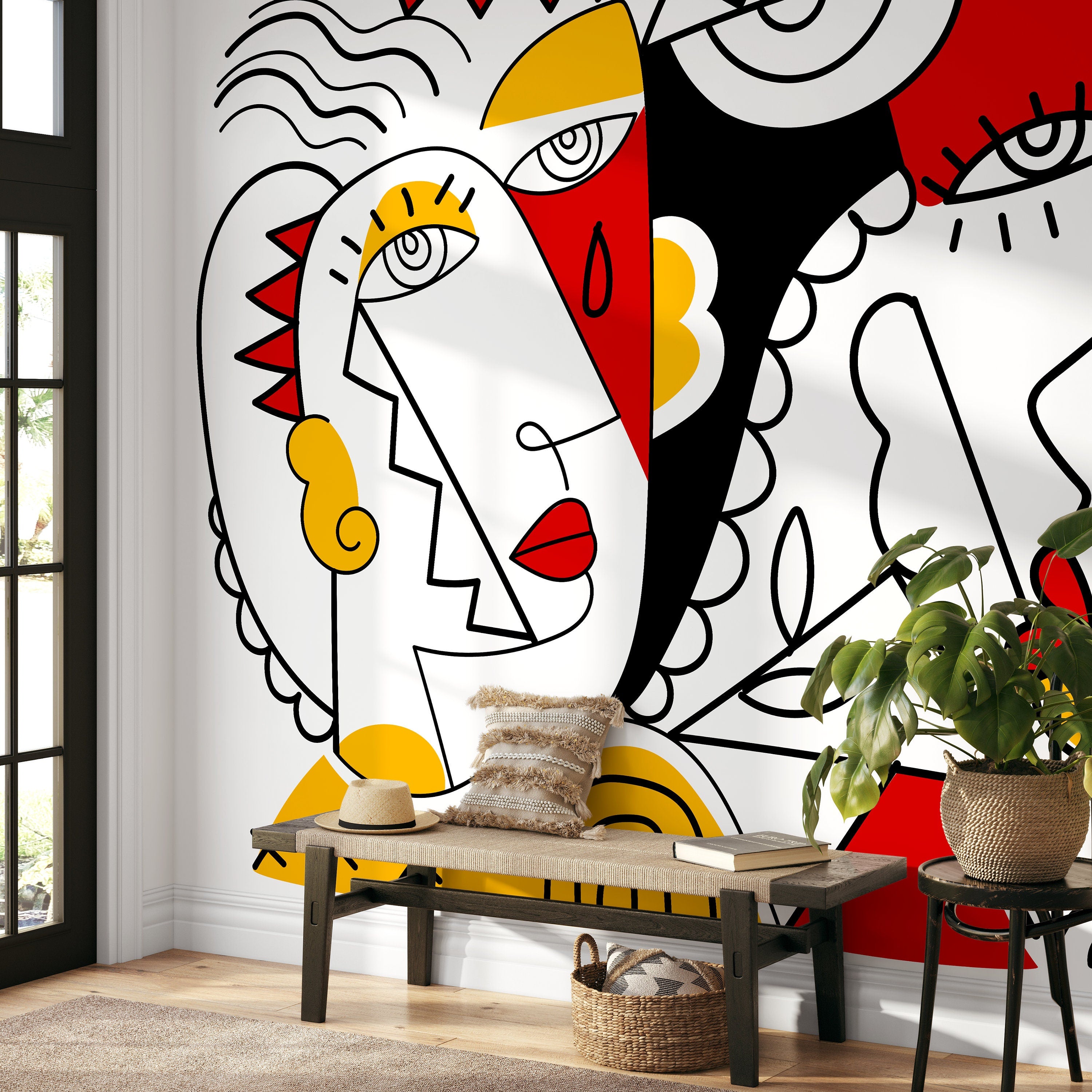 Abstract Wallpaper With A Cubist Face Mural In Red, Yellow, And Black - D563