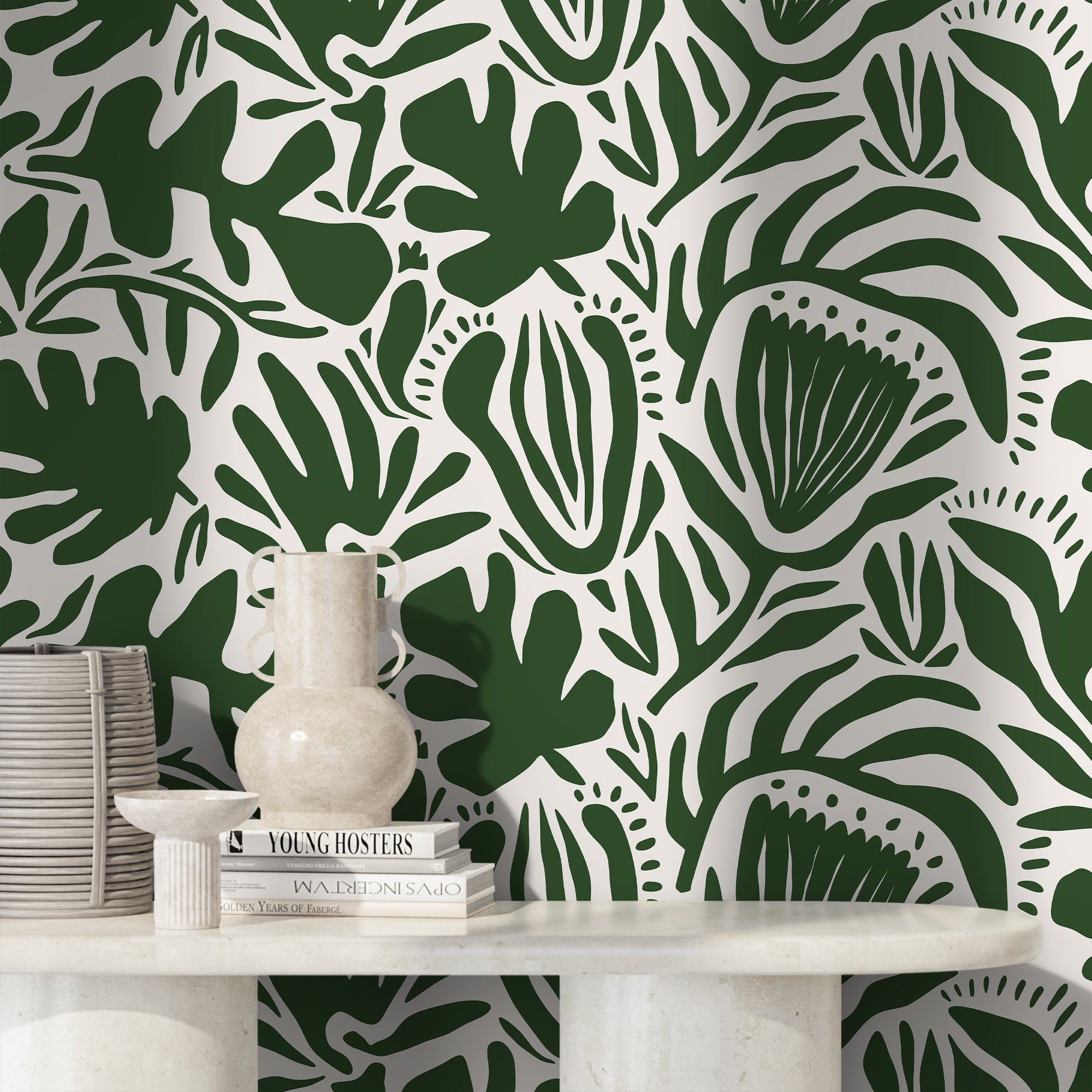 Botanical Wallpaper Featuring Abstract Cutout Leaves In Olive Green And White - D706