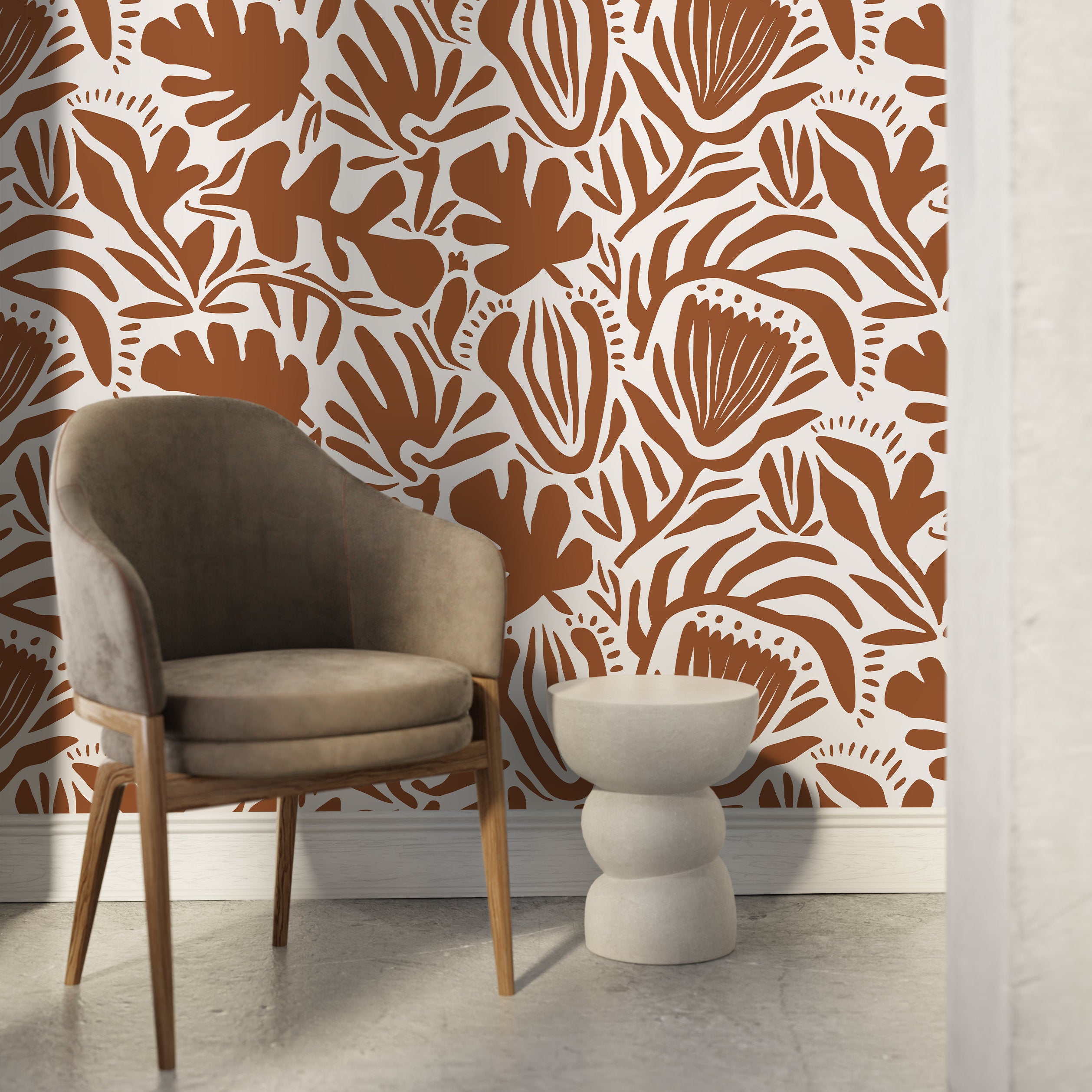 Abstract Floral Wallpaper With Bold Botanical Silhouettes In Terracotta - D709