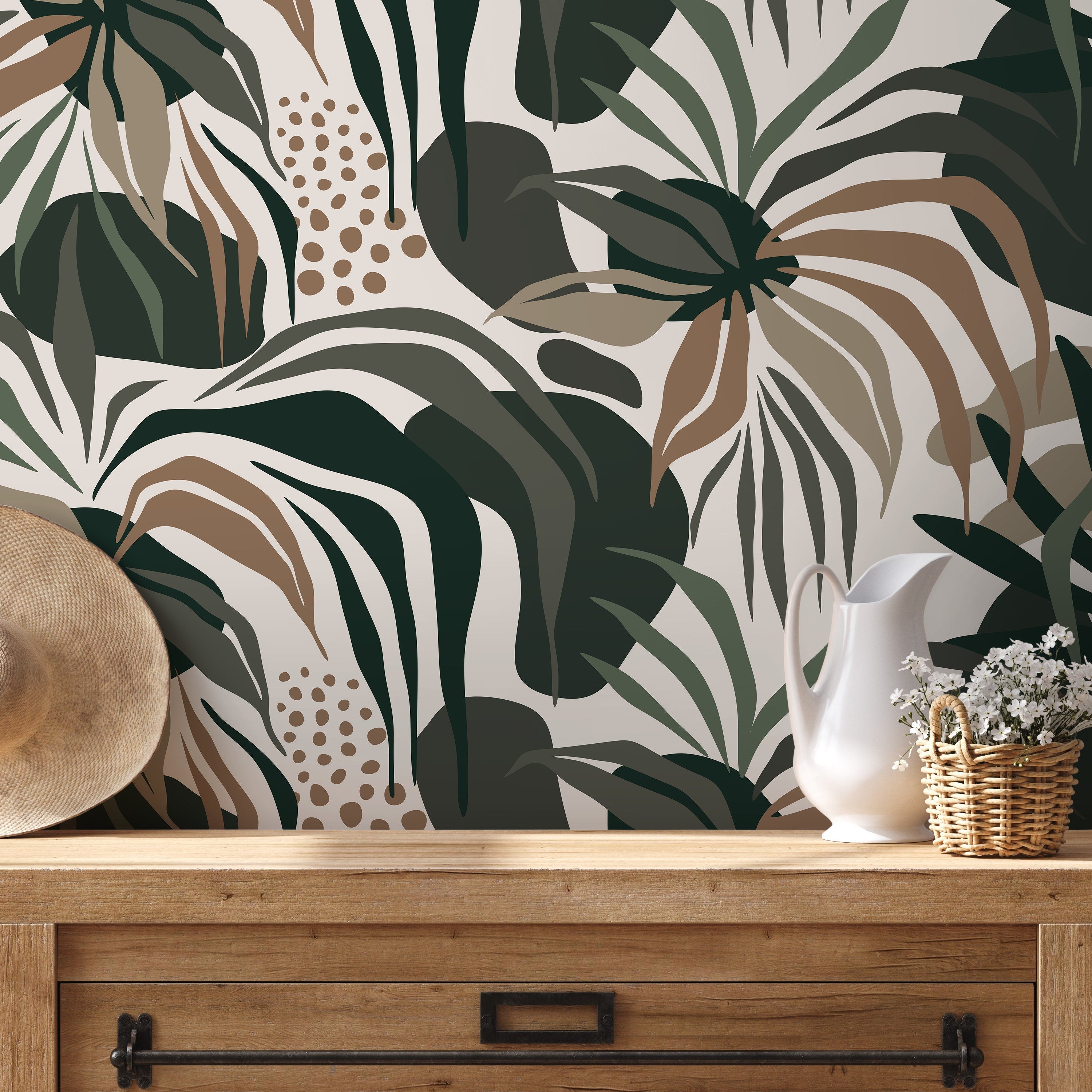 Tropical Wallpaper Featuring Abstract Foliage In Green And Brown - D711