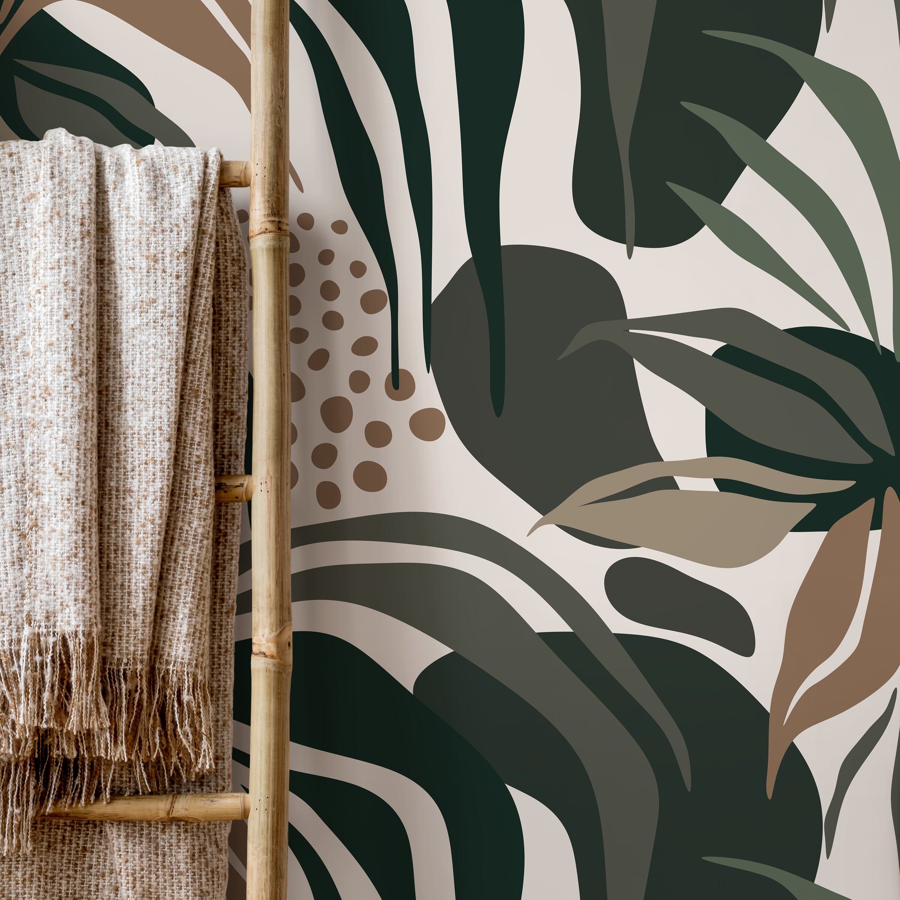 Tropical Wallpaper Featuring Abstract Foliage In Green And Brown - D711