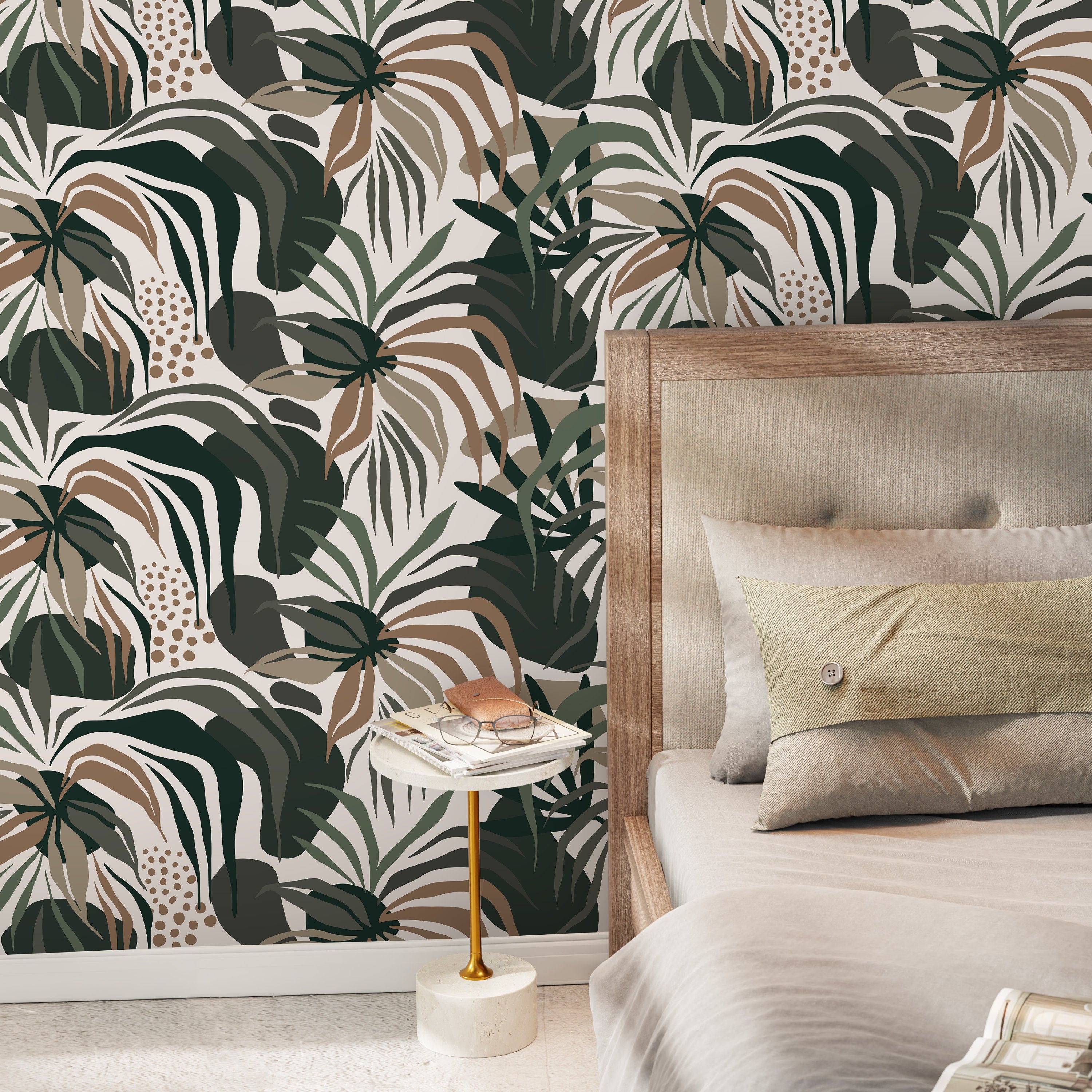 Tropical Wallpaper Featuring Abstract Foliage In Green And Brown - D711