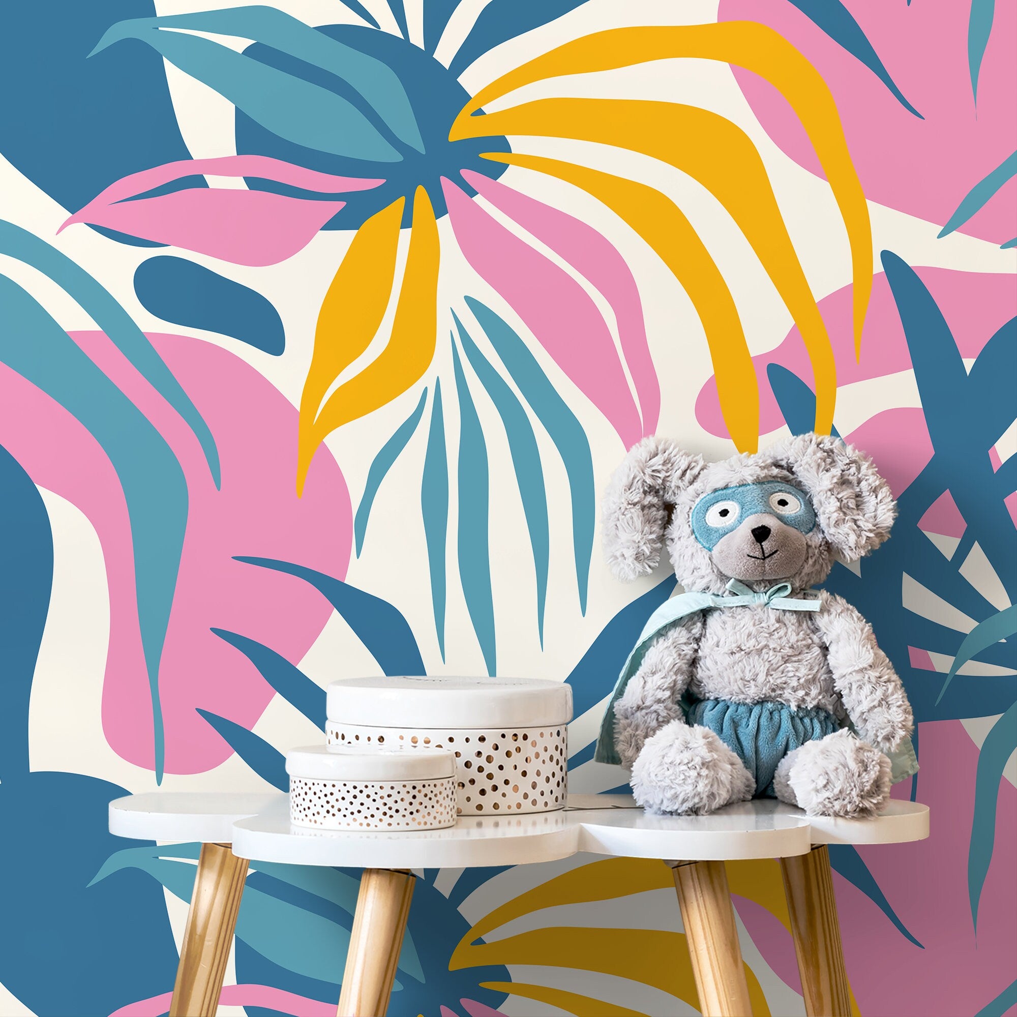 Tropical Wallpaper With Modern Abstract Leaves In Blue, Pink, And Yellow - D712