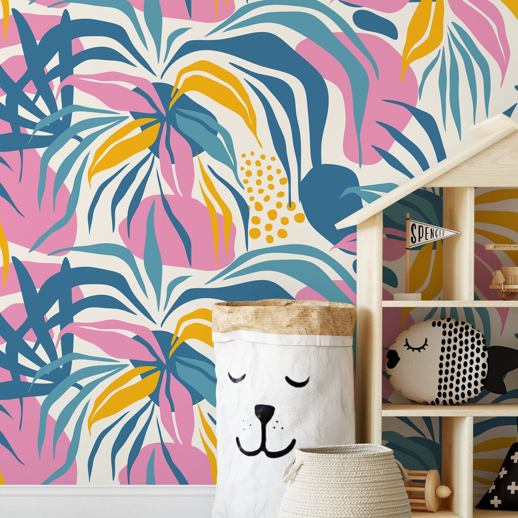 Tropical Wallpaper With Modern Abstract Leaves In Blue, Pink, And Yellow - D712
