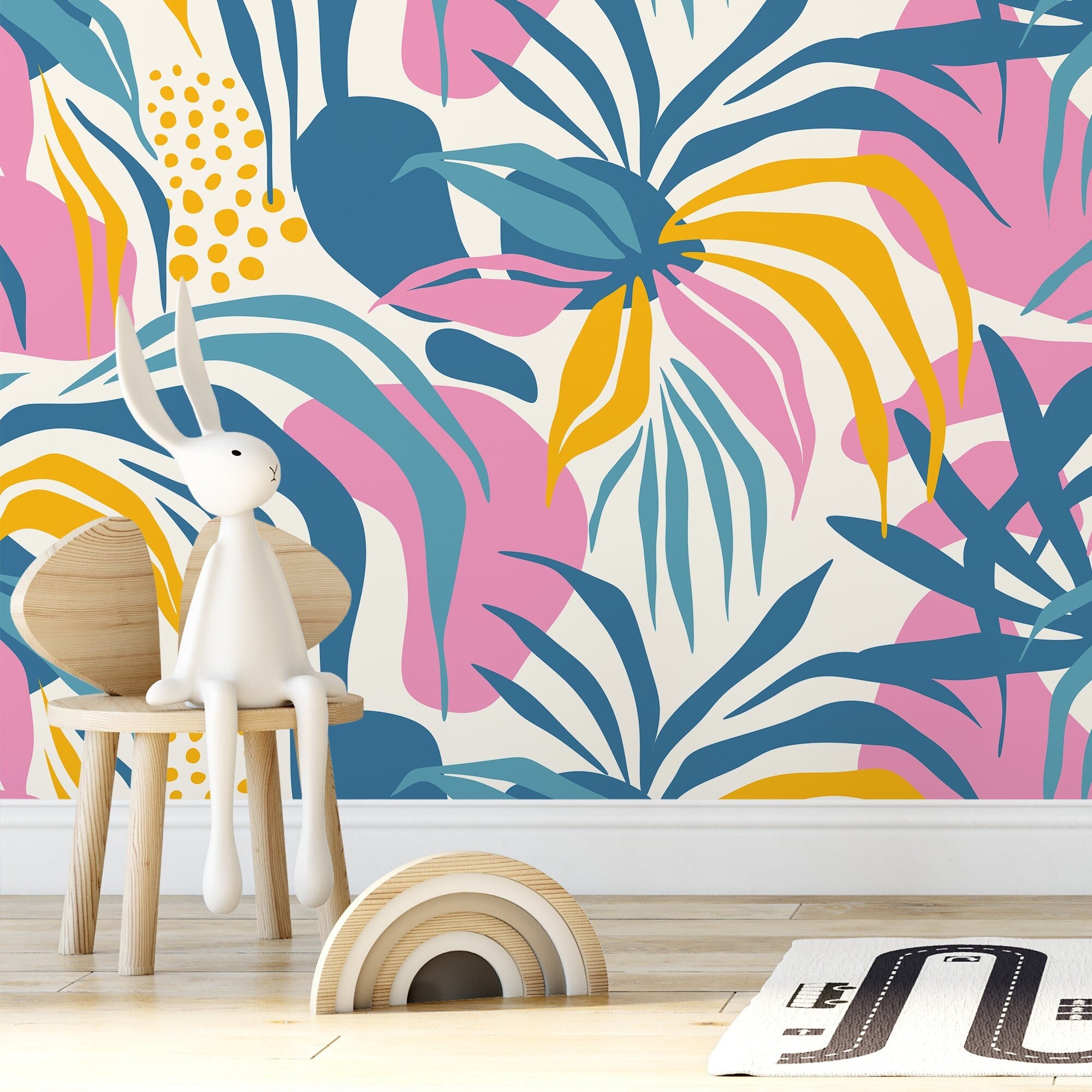 Tropical Wallpaper With Modern Abstract Leaves In Blue, Pink, And Yellow - D712