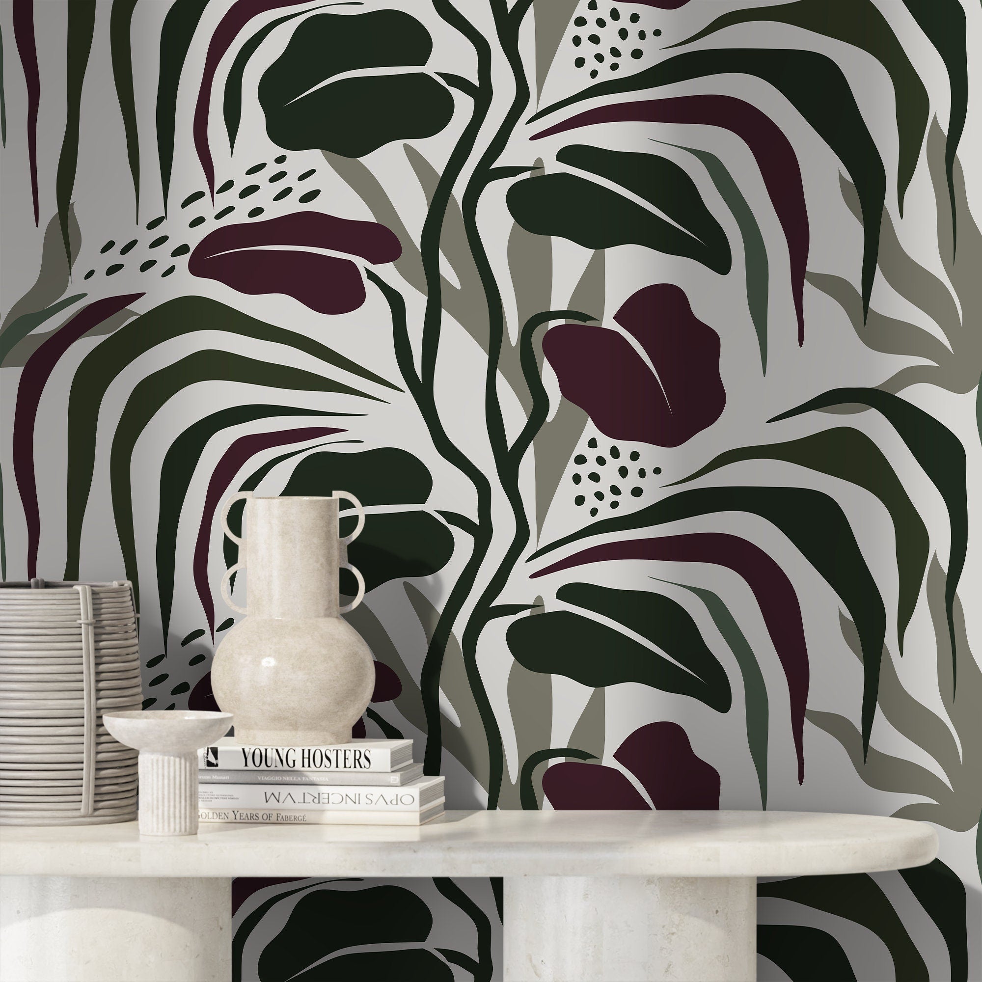 Abstract Wallpaper With A Modern Botanical Motif In Green, Burgundy, And Gray - D715