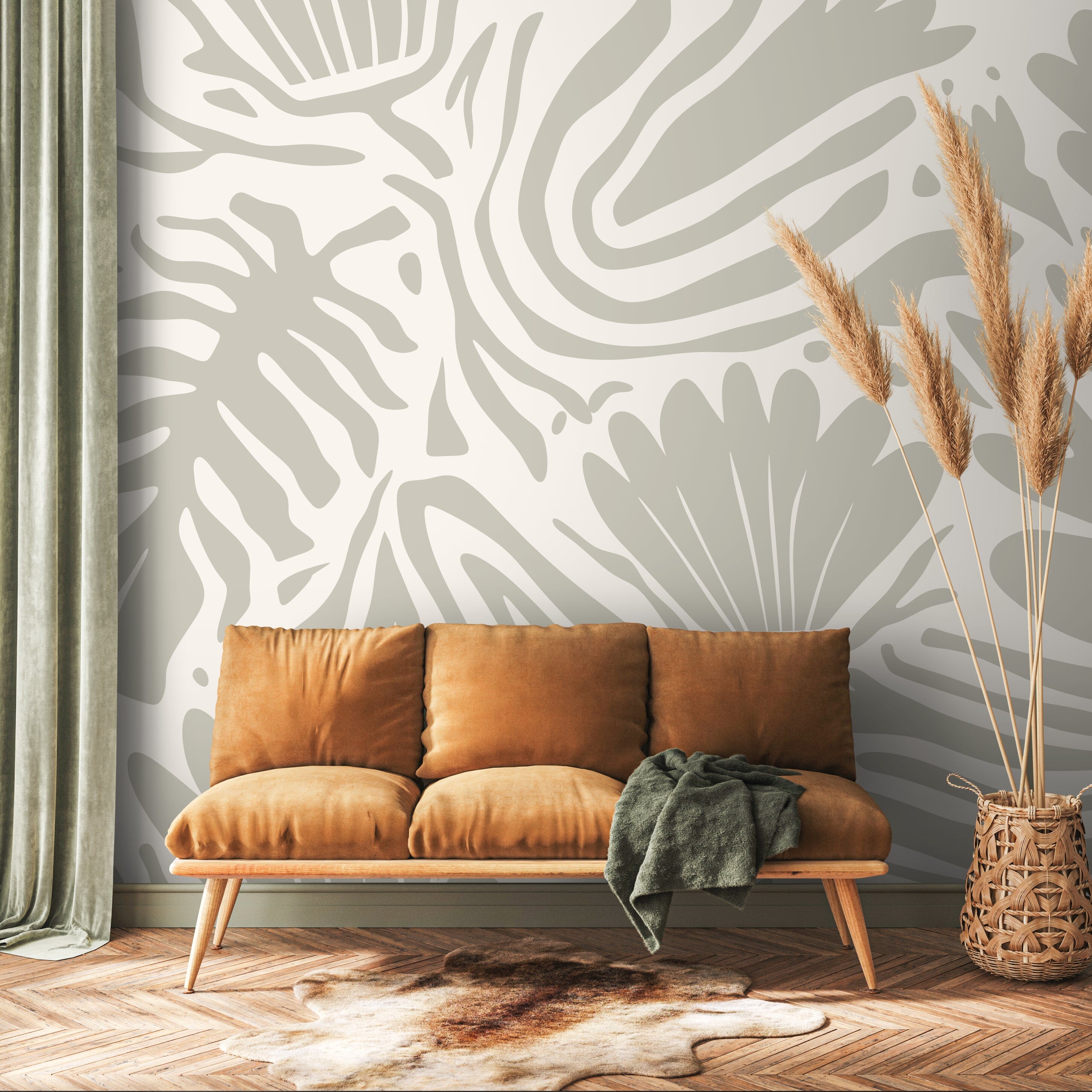 Abstract Botanical Wallpaper With Organic Leaf Shapes In Sage Green And Cream - D716