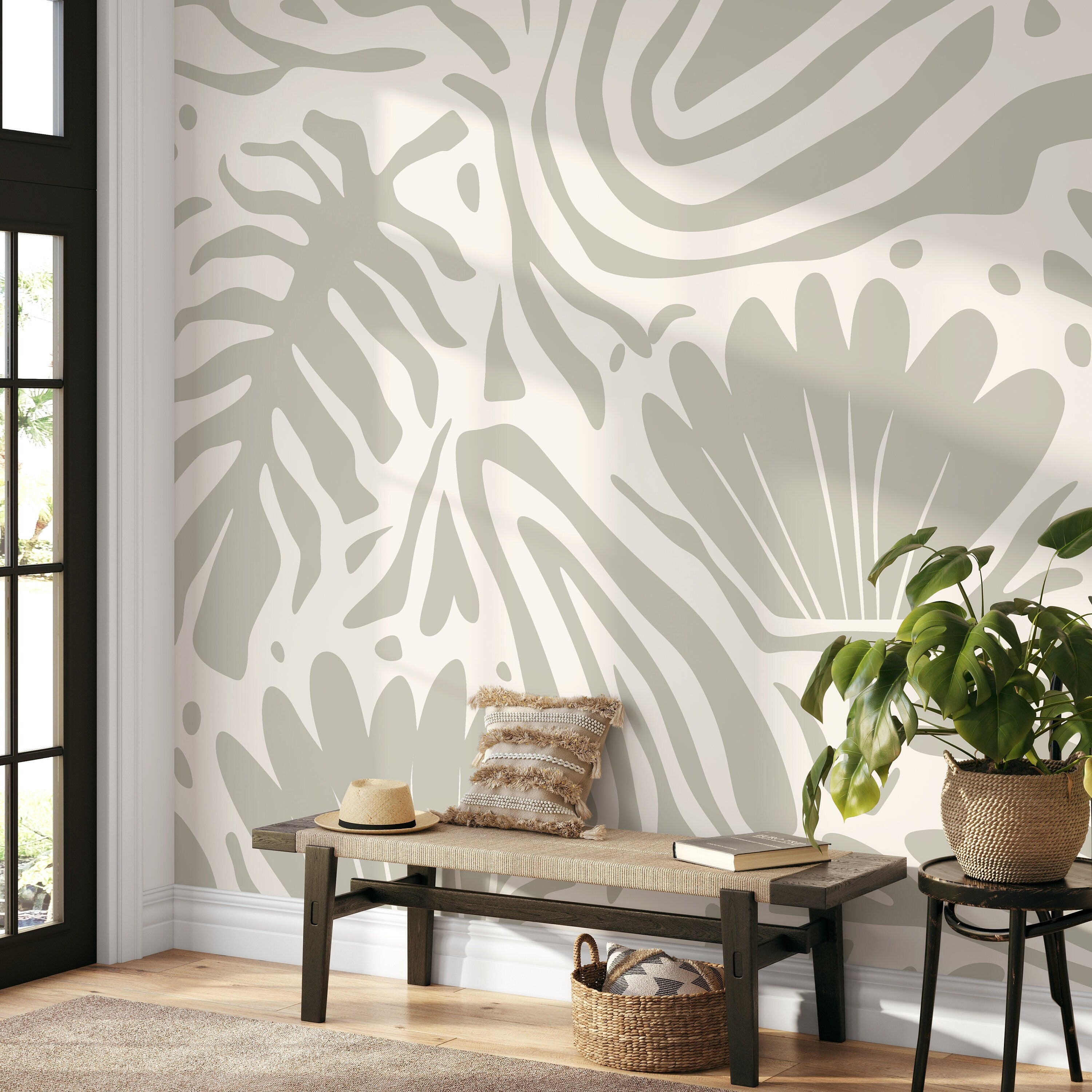 Abstract Botanical Wallpaper With Organic Leaf Shapes In Sage Green And Cream - D716
