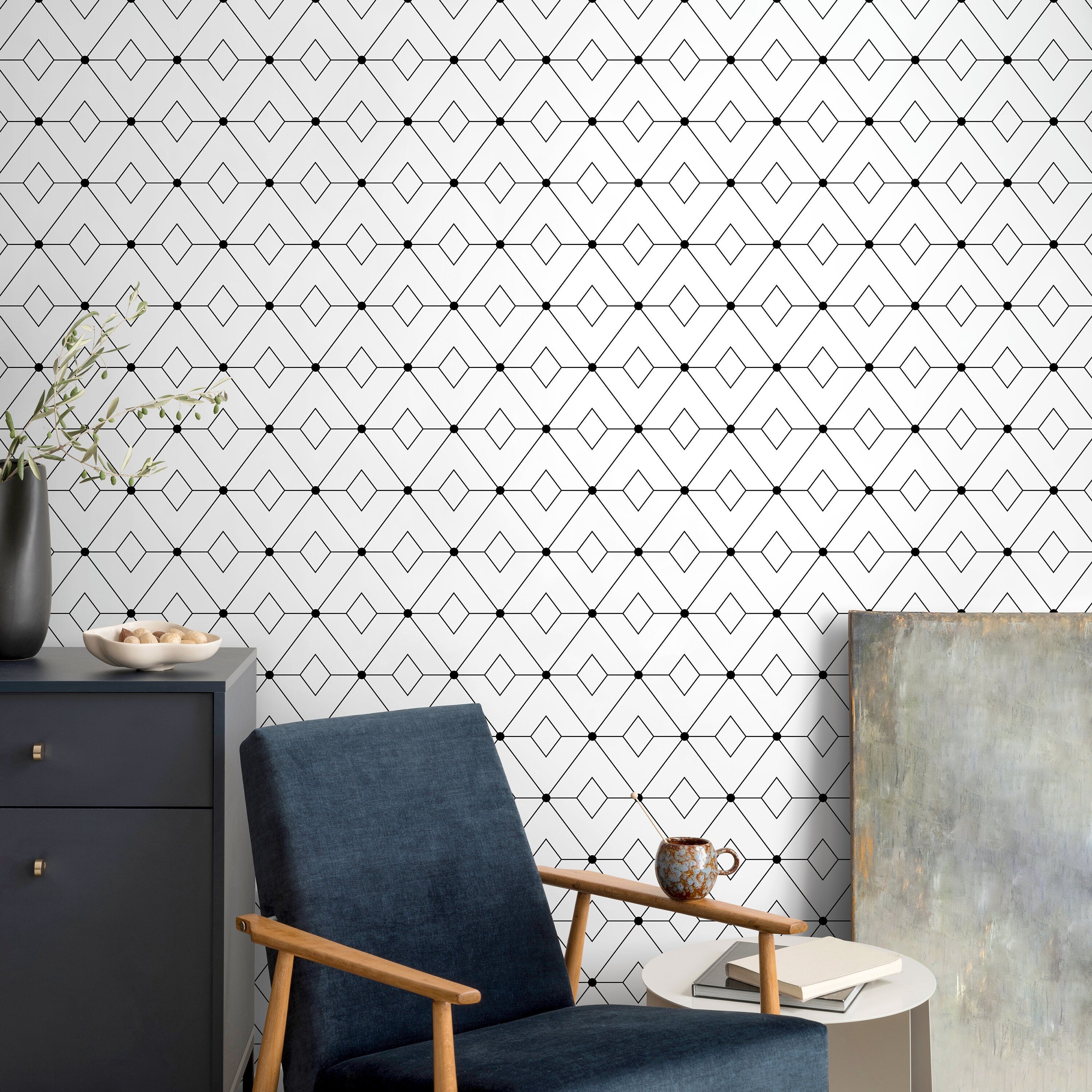 Geometric Wallpaper With A Modern Diamond Line Motif In Black And White - B106
