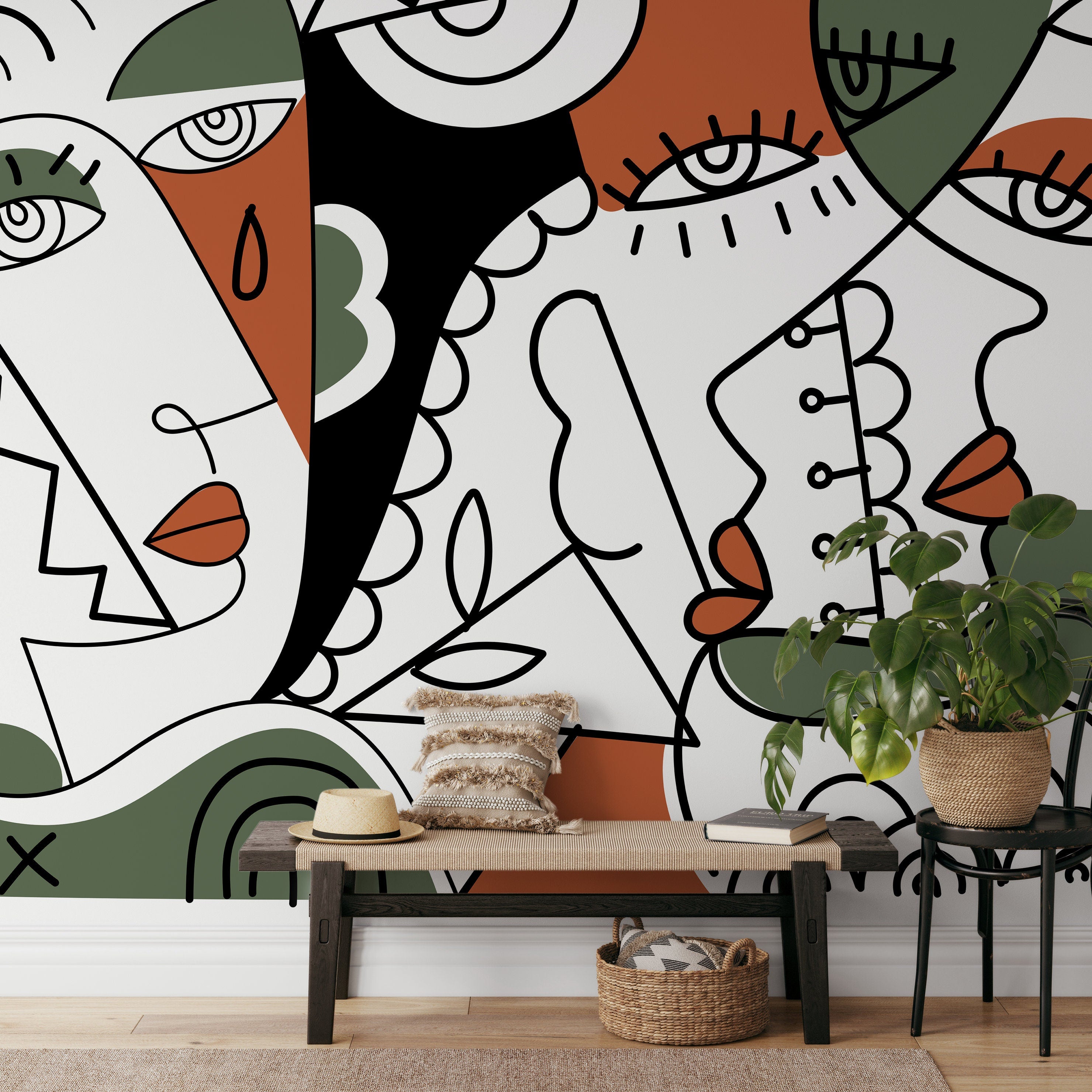 Cubism Wallpaper With Abstract Portraits In Black, Green, And Terracotta - D564
