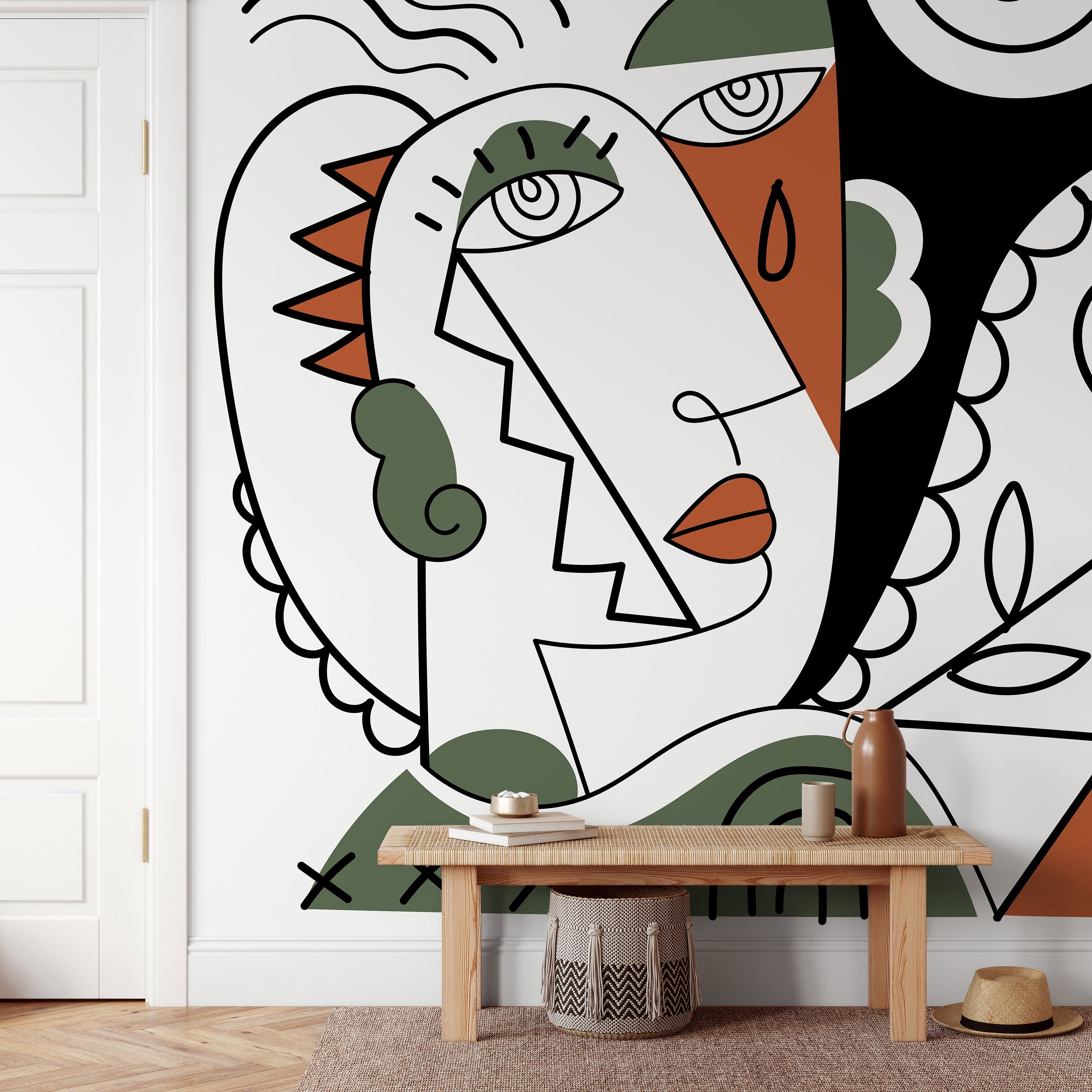 Cubism Wallpaper With Abstract Portraits In Black, Green, And Terracotta - D564
