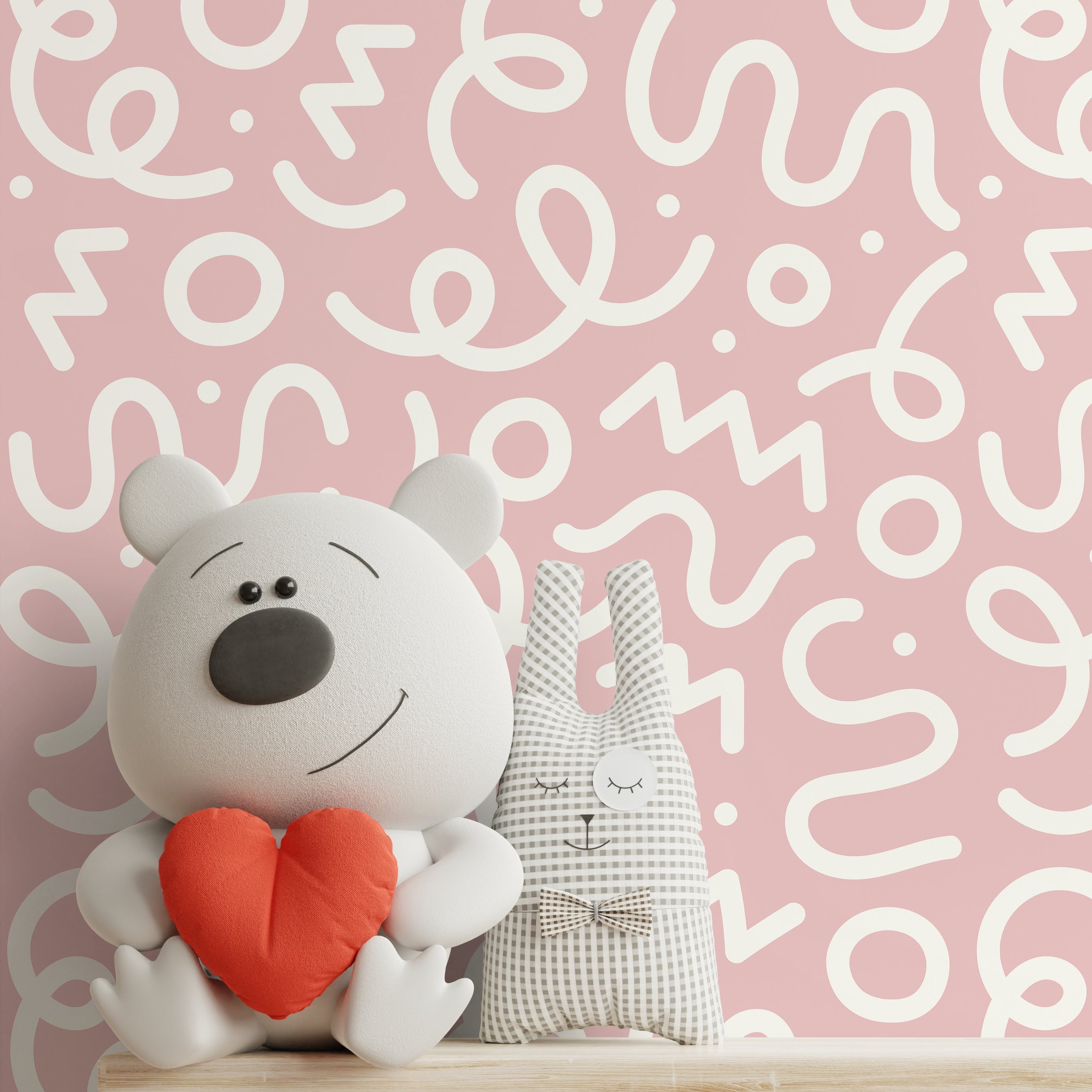Abstract Wallpaper With Playful Squiggles In Pink And White - D577
