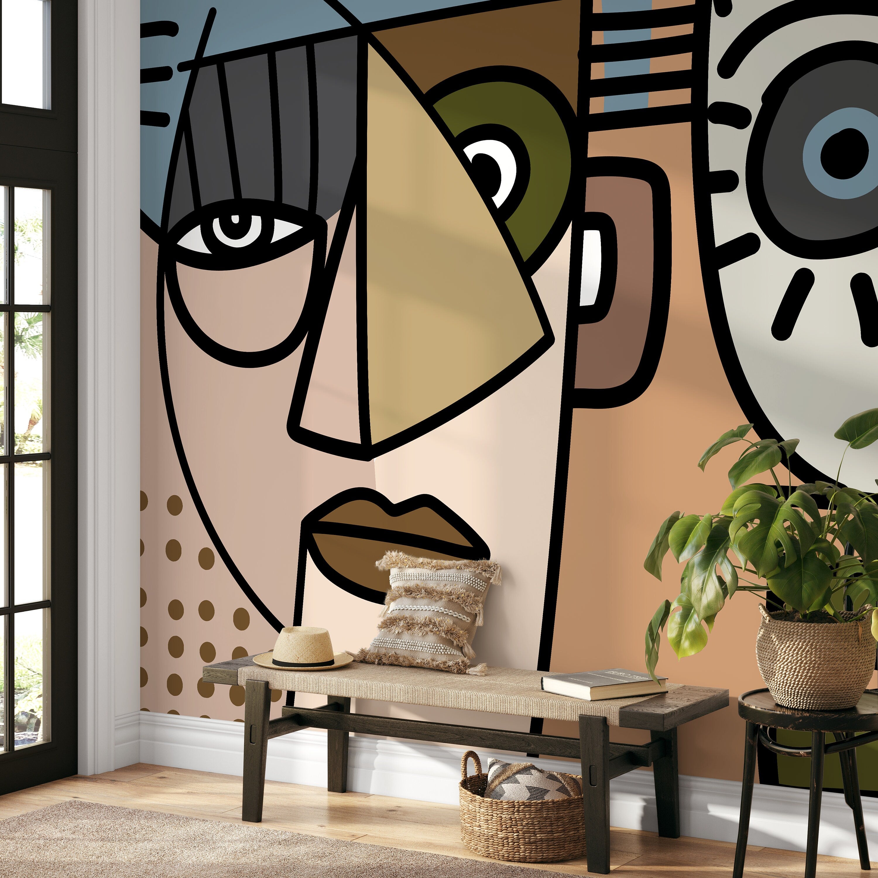 Cubism Wallpaper Featuring Abstract Faces In Brown, Blue, And Gray - D567