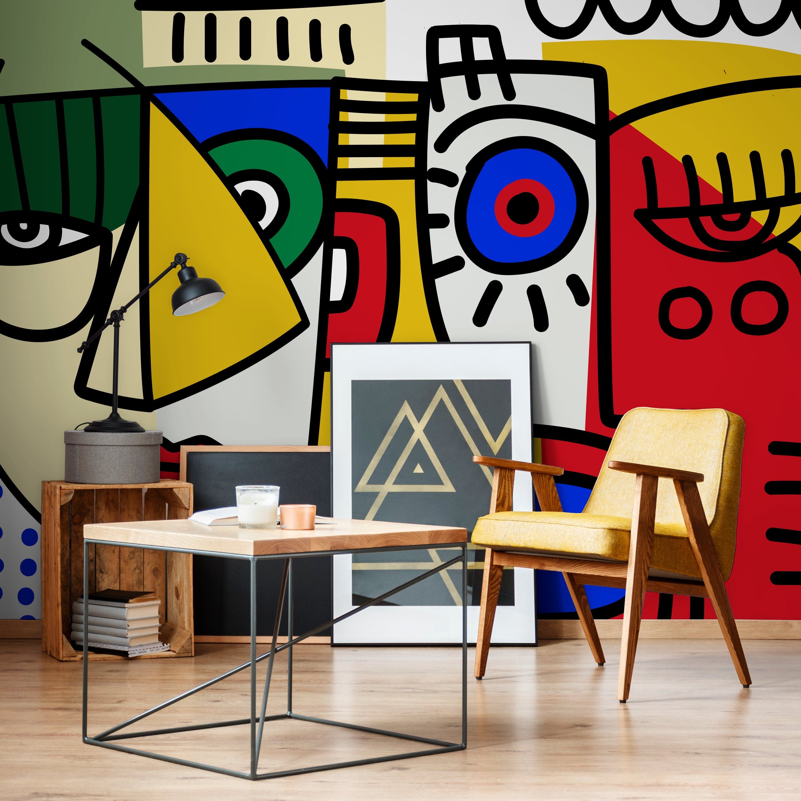 Cubism Wallpaper With Bold Abstract Faces In Yellow, Blue, And Red - D568