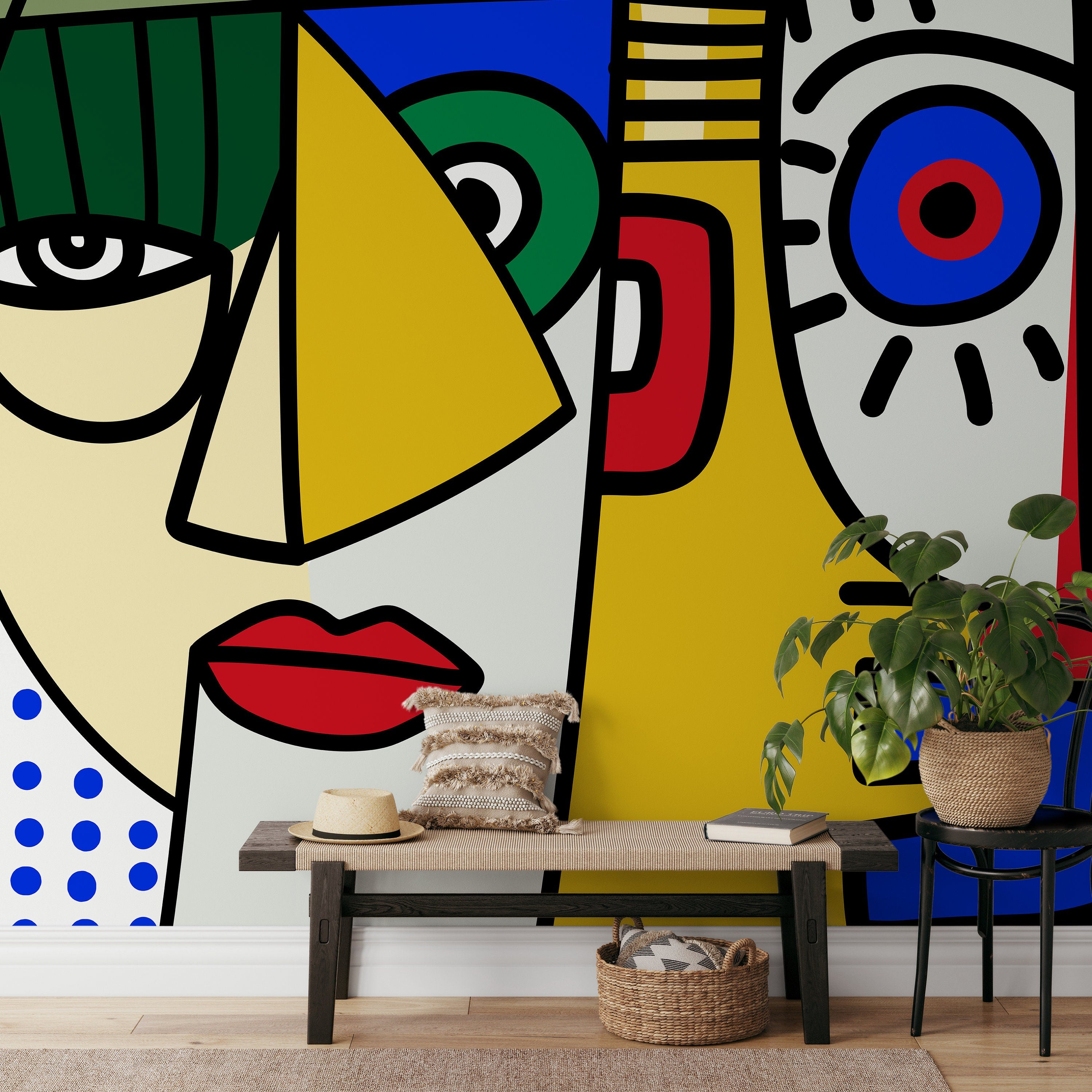 Cubism Wallpaper With Bold Abstract Faces In Yellow, Blue, And Red - D568