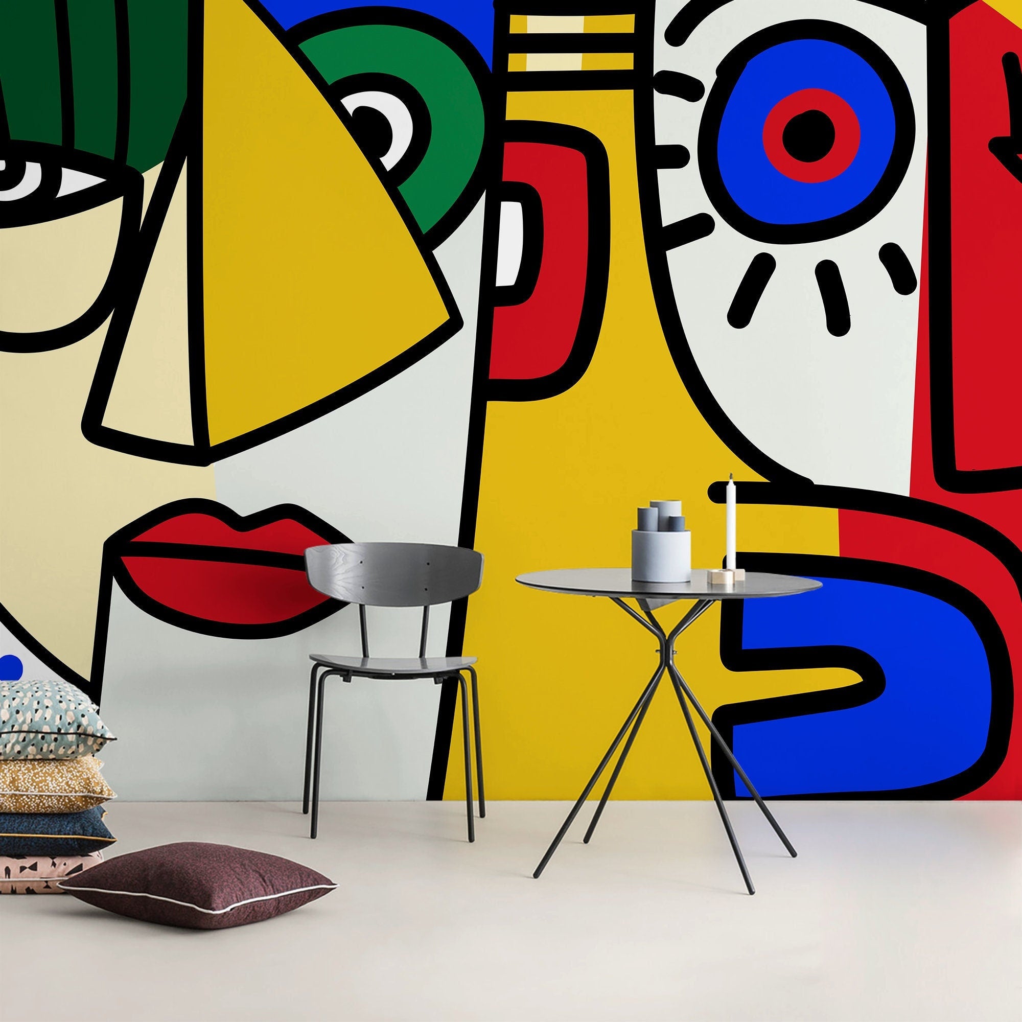Cubism Wallpaper With Bold Abstract Faces In Yellow, Blue, And Red - D568