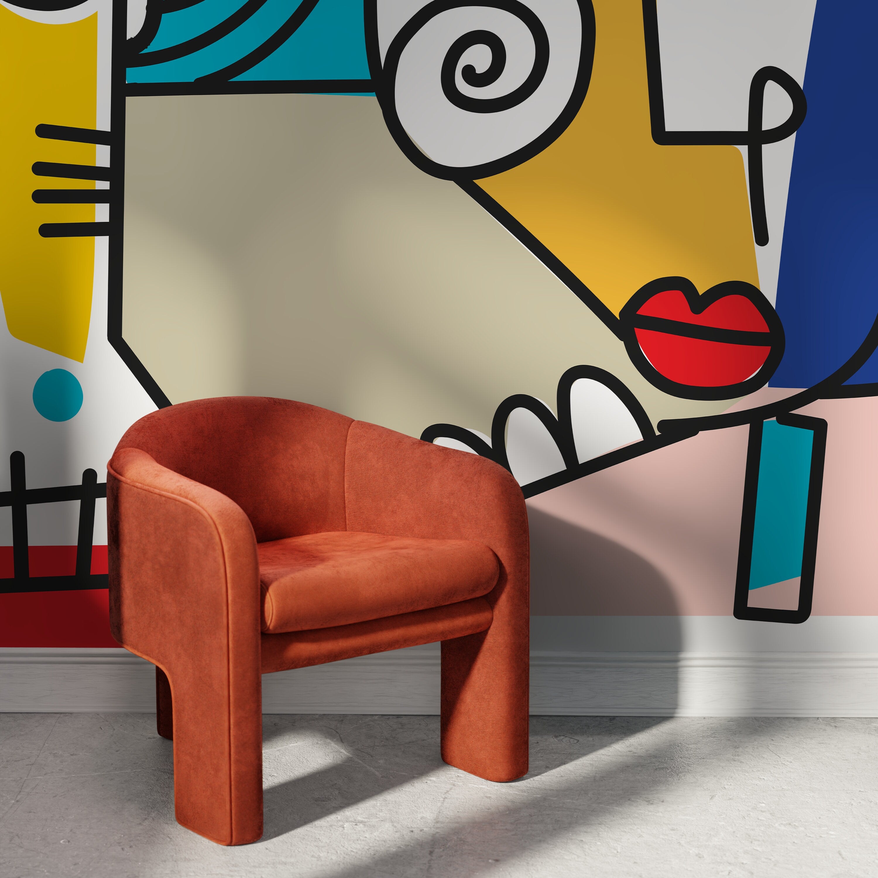 Cubism Wallpaper With Abstract Faces In Red, Yellow, And Blue - D569