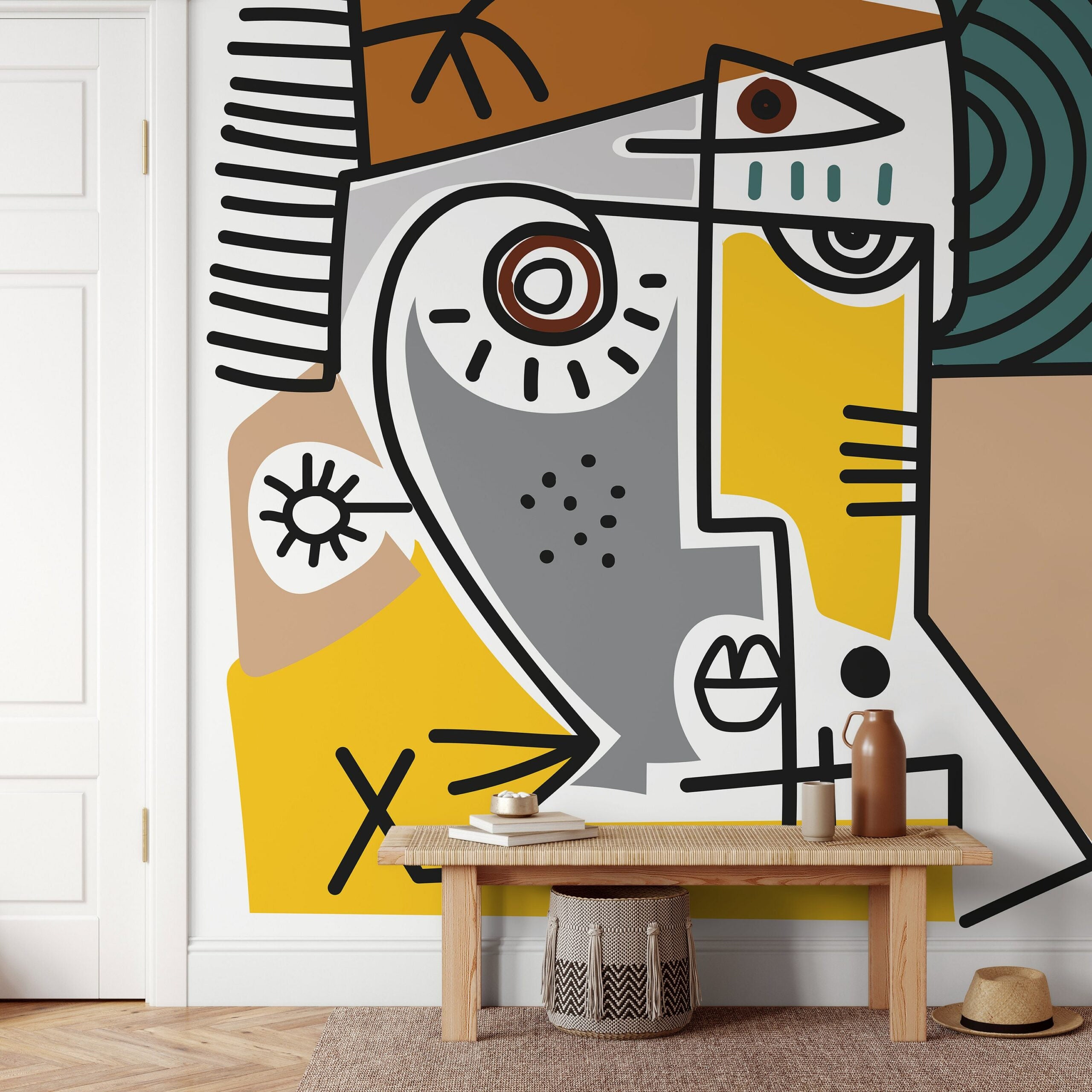 Cubism Wallpaper With A Bold Abstract Face In Yellow, Gray, And Brown - D570