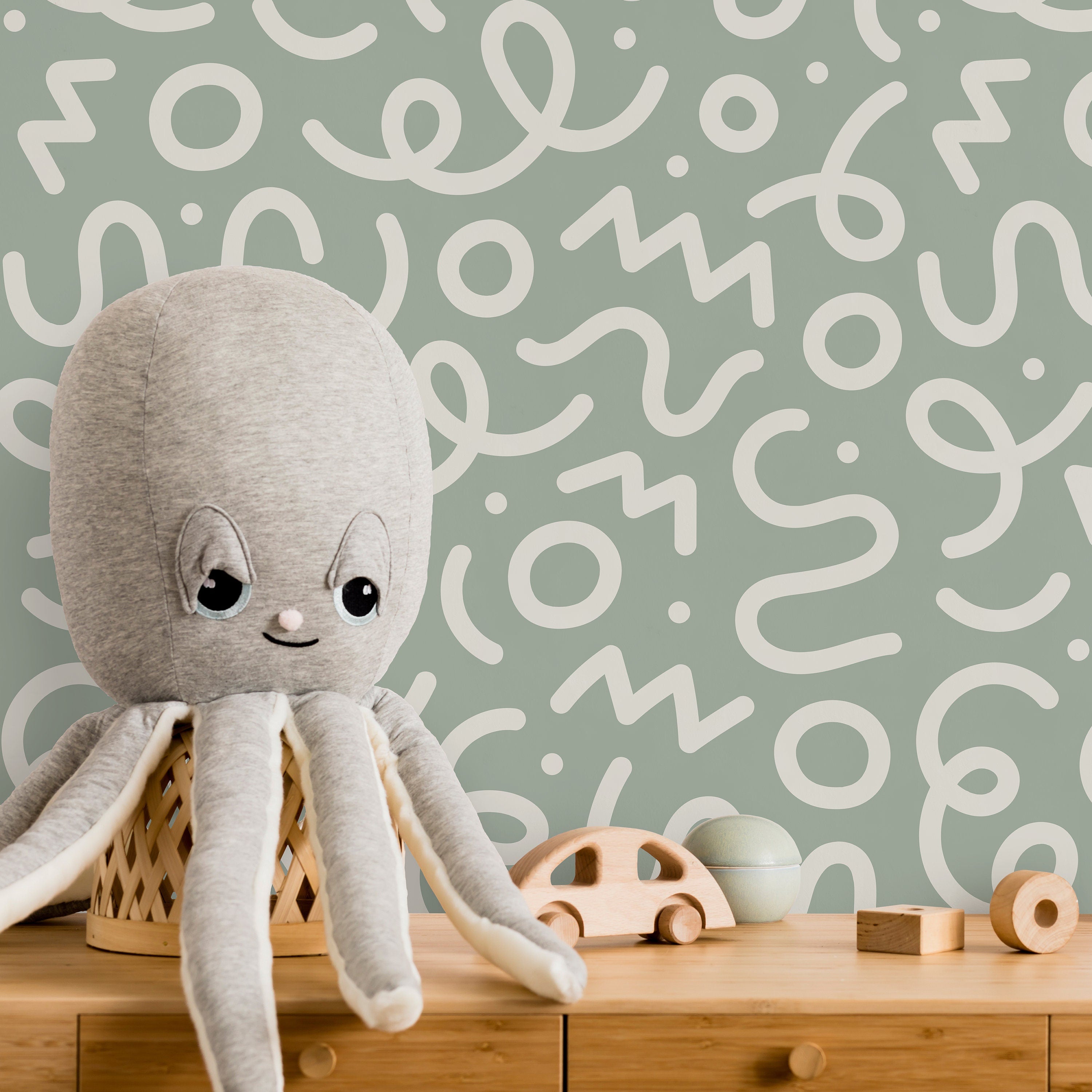 Abstract Wallpaper With A Medley Of Squiggles In Sage Green And White - D573