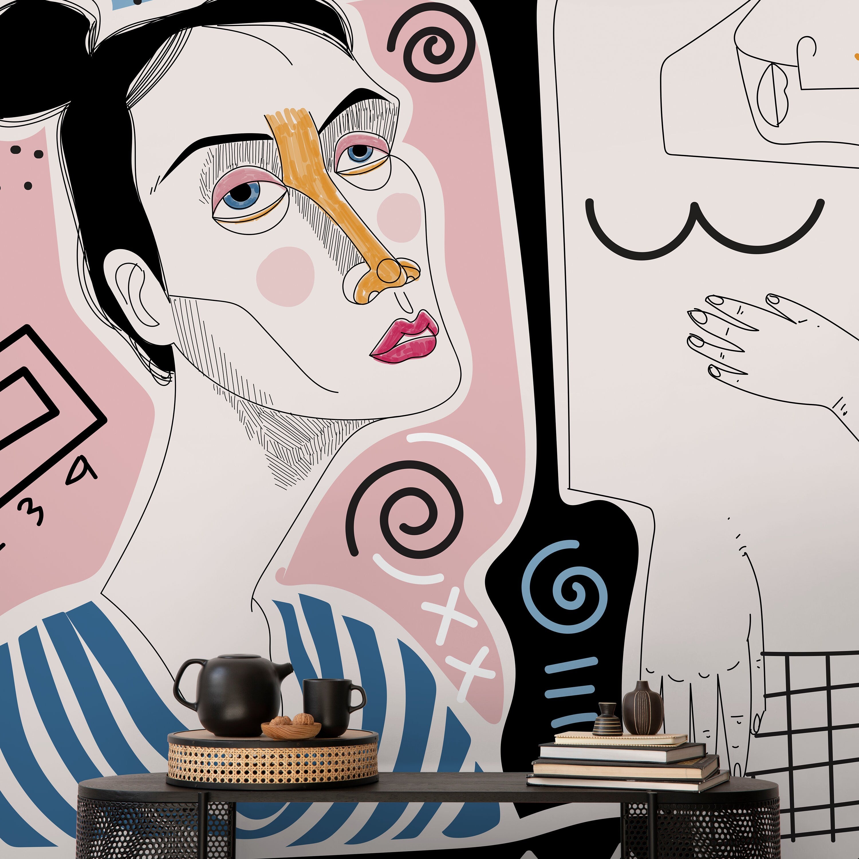 Abstract Wallpaper With Modern Line Art Faces In Pink, Blue, And Black - D580