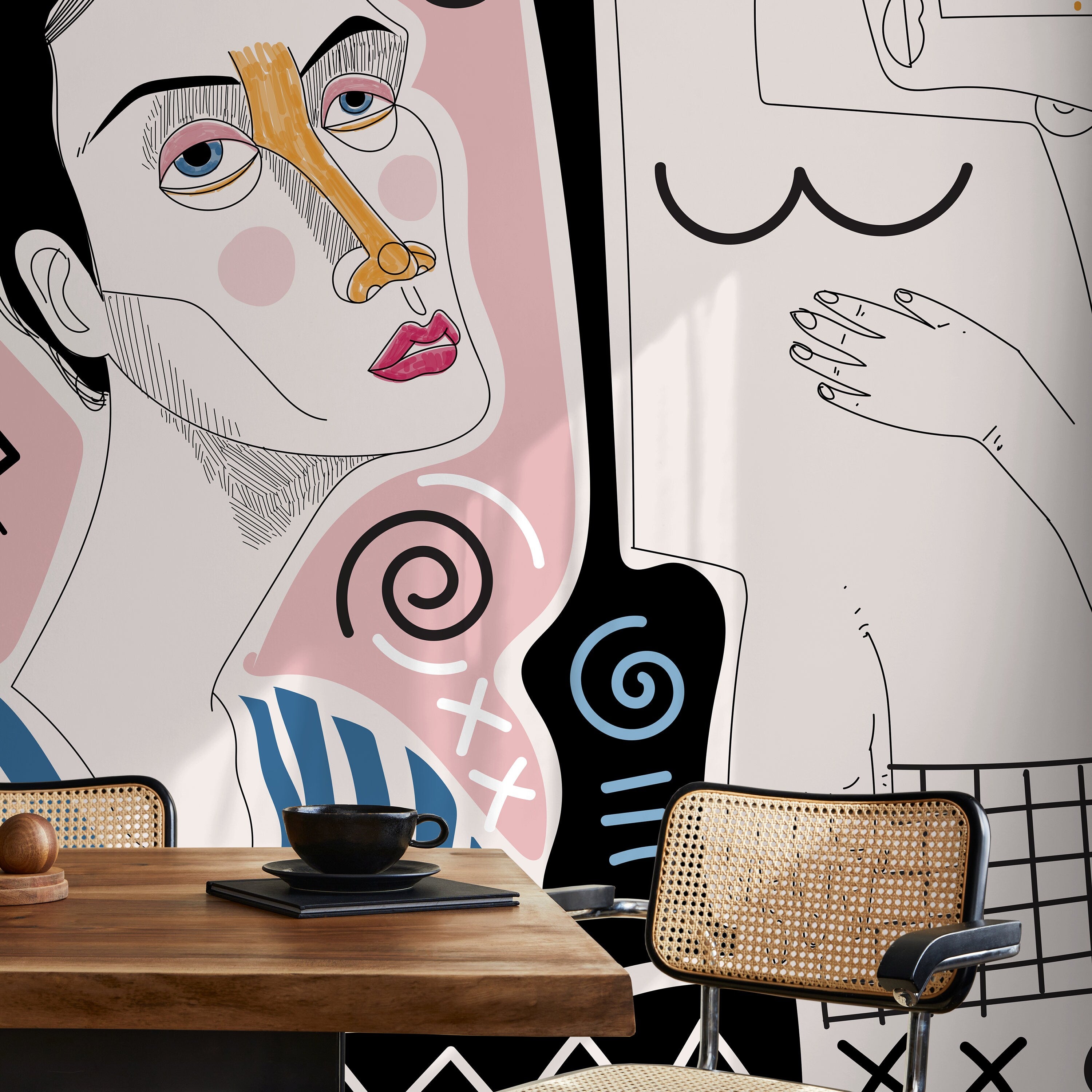 Abstract Wallpaper With Modern Line Art Faces In Pink, Blue, And Black - D580