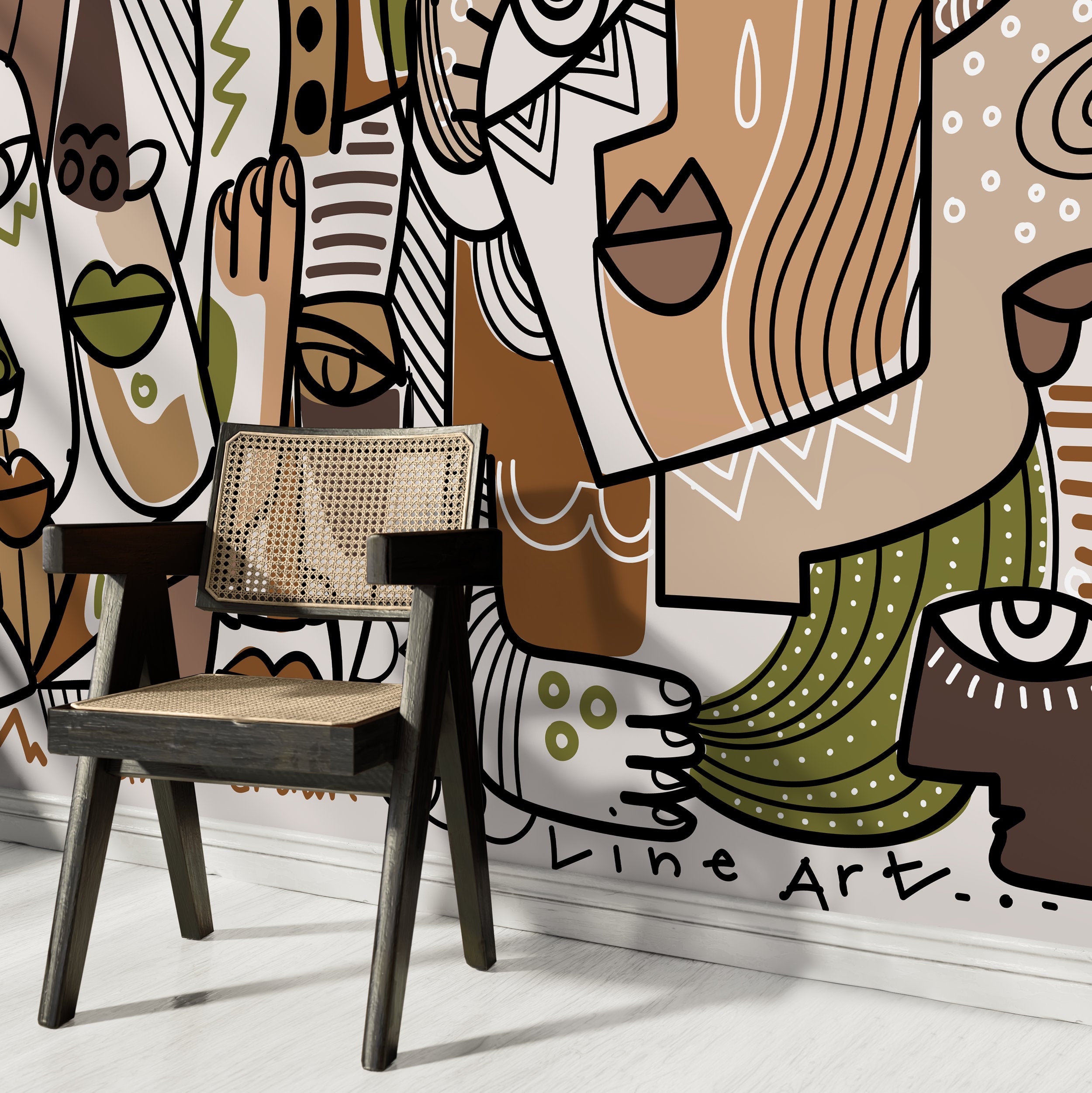 Cubism Wallpaper Inspired By Picasso Faces In Black, Green, And Beige - D581