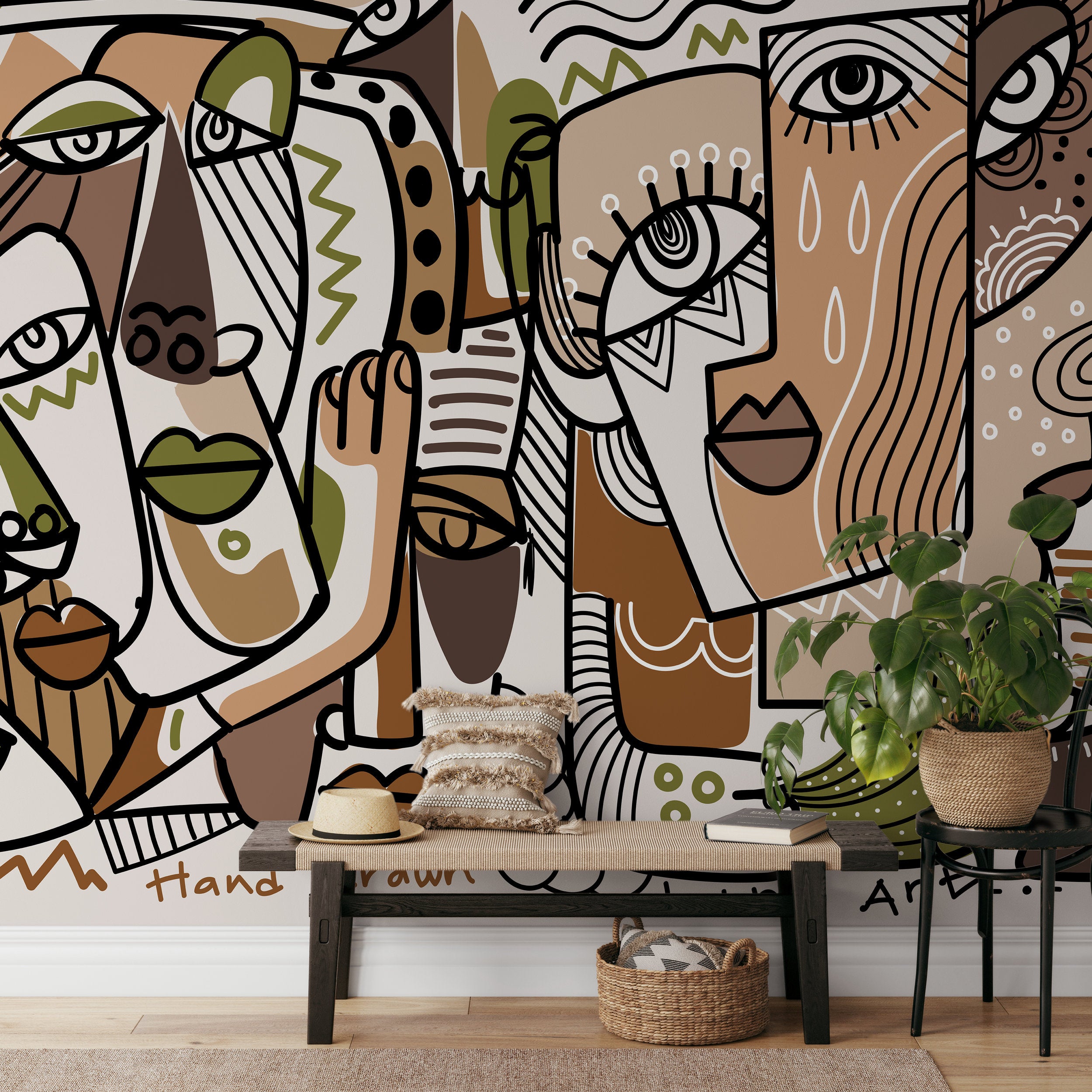 Cubism Wallpaper Inspired By Picasso Faces In Black, Green, And Beige - D581