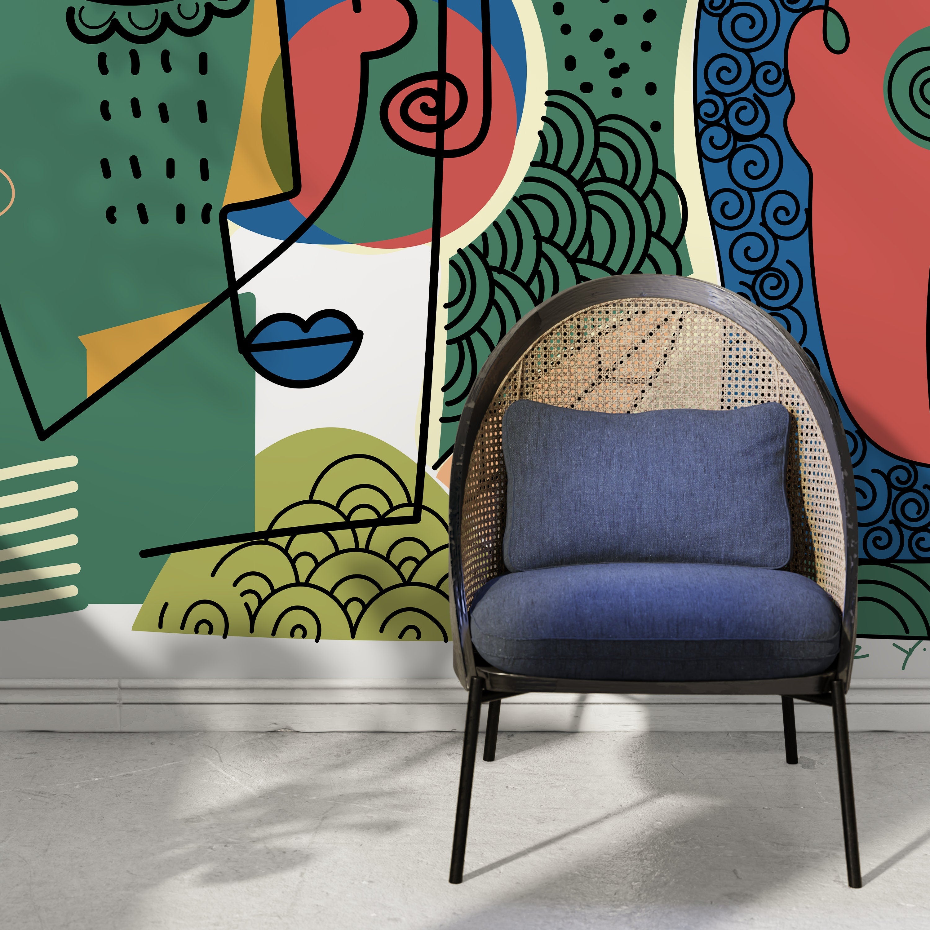 Abstract Wallpaper With A Cubist Face Motif In Yellow, Blue, And Red - D584