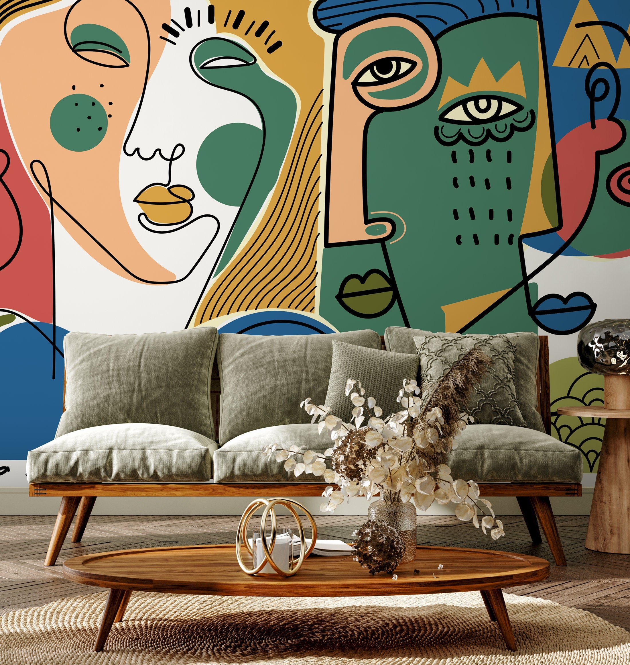 Abstract Wallpaper With A Cubist Face Motif In Yellow, Blue, And Red - D584