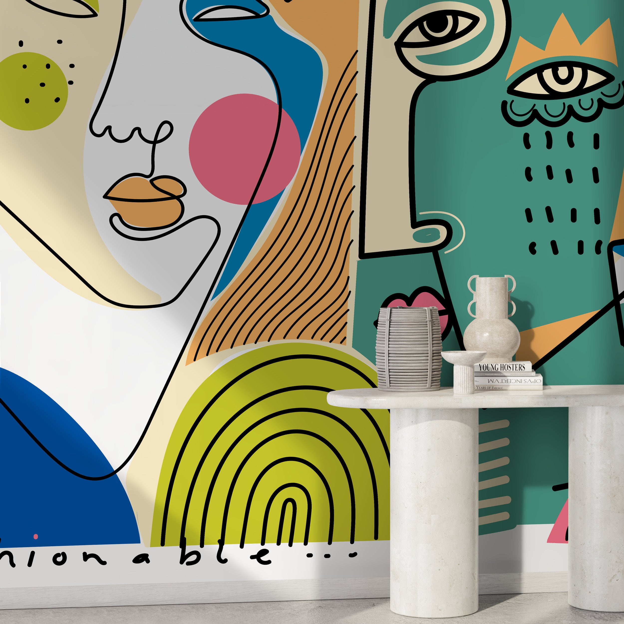 Cubism Wallpaper With Abstract Faces In Red, Blue, And Yellow - D585