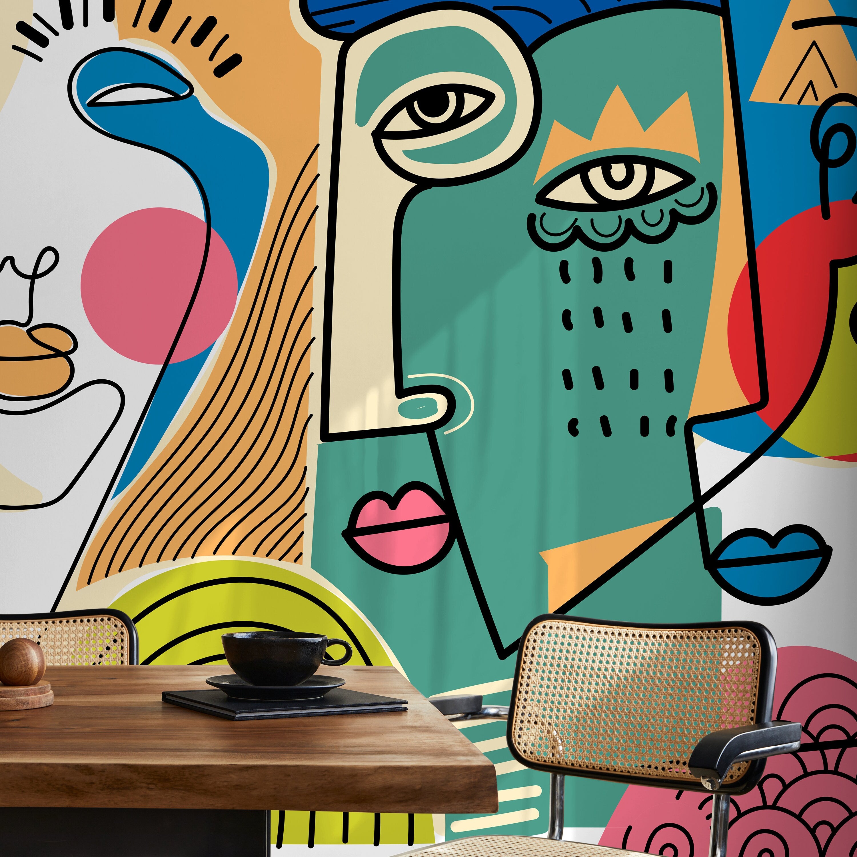 Cubism Wallpaper With Abstract Faces In Red, Blue, And Yellow - D585