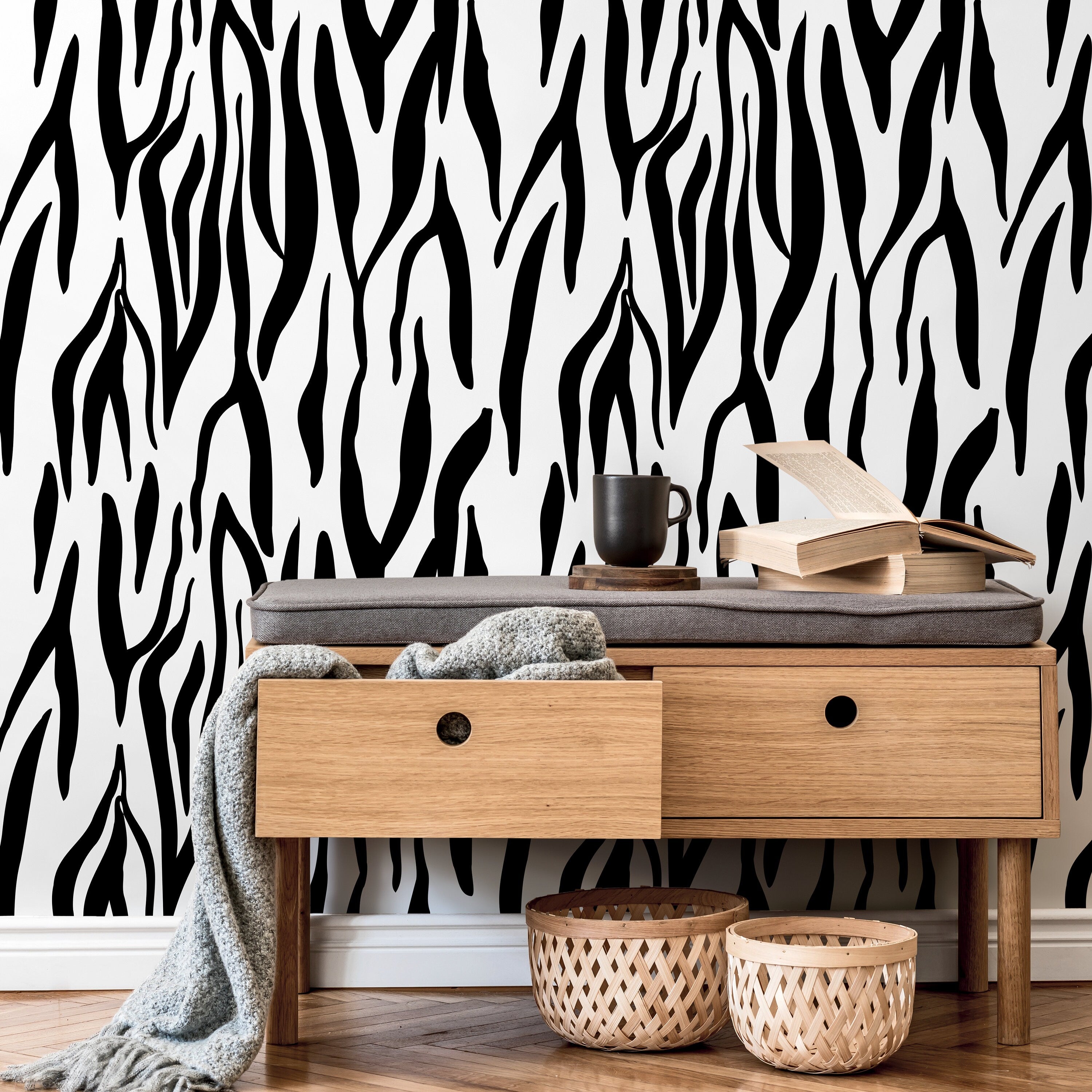 Animal Print Wallpaper With Bold Zebra Stripes In Black And White - D607