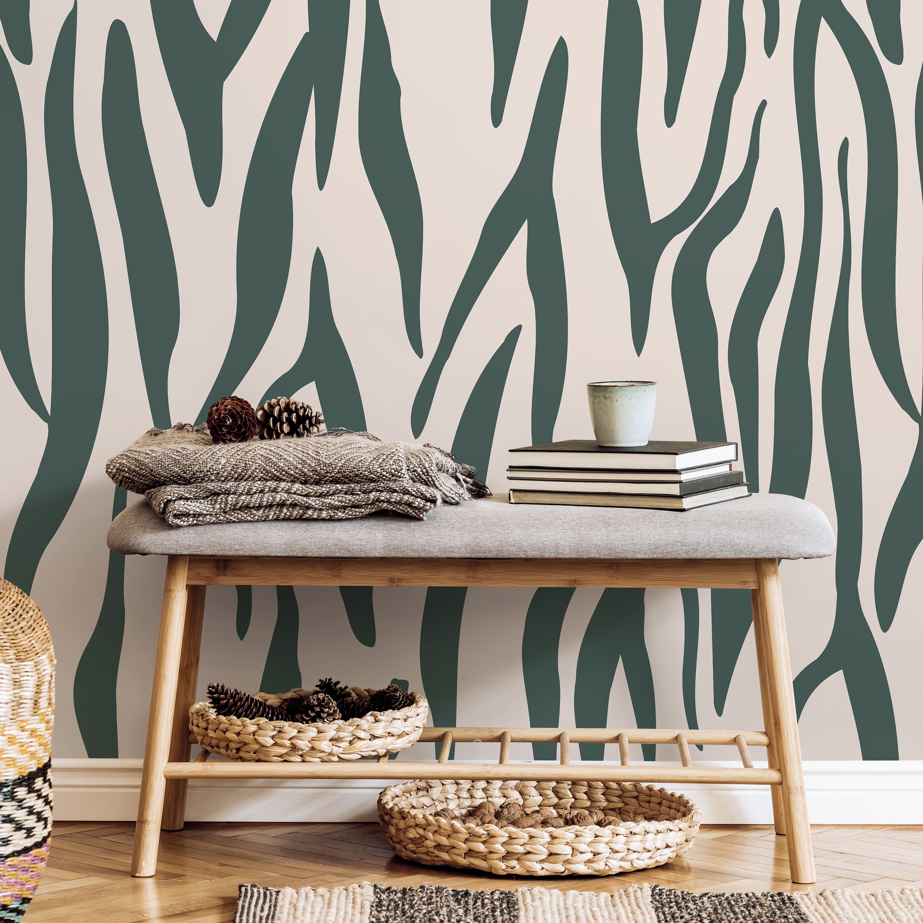 Abstract Wallpaper With An Organic Stripe Motif In Green And Beige - D609