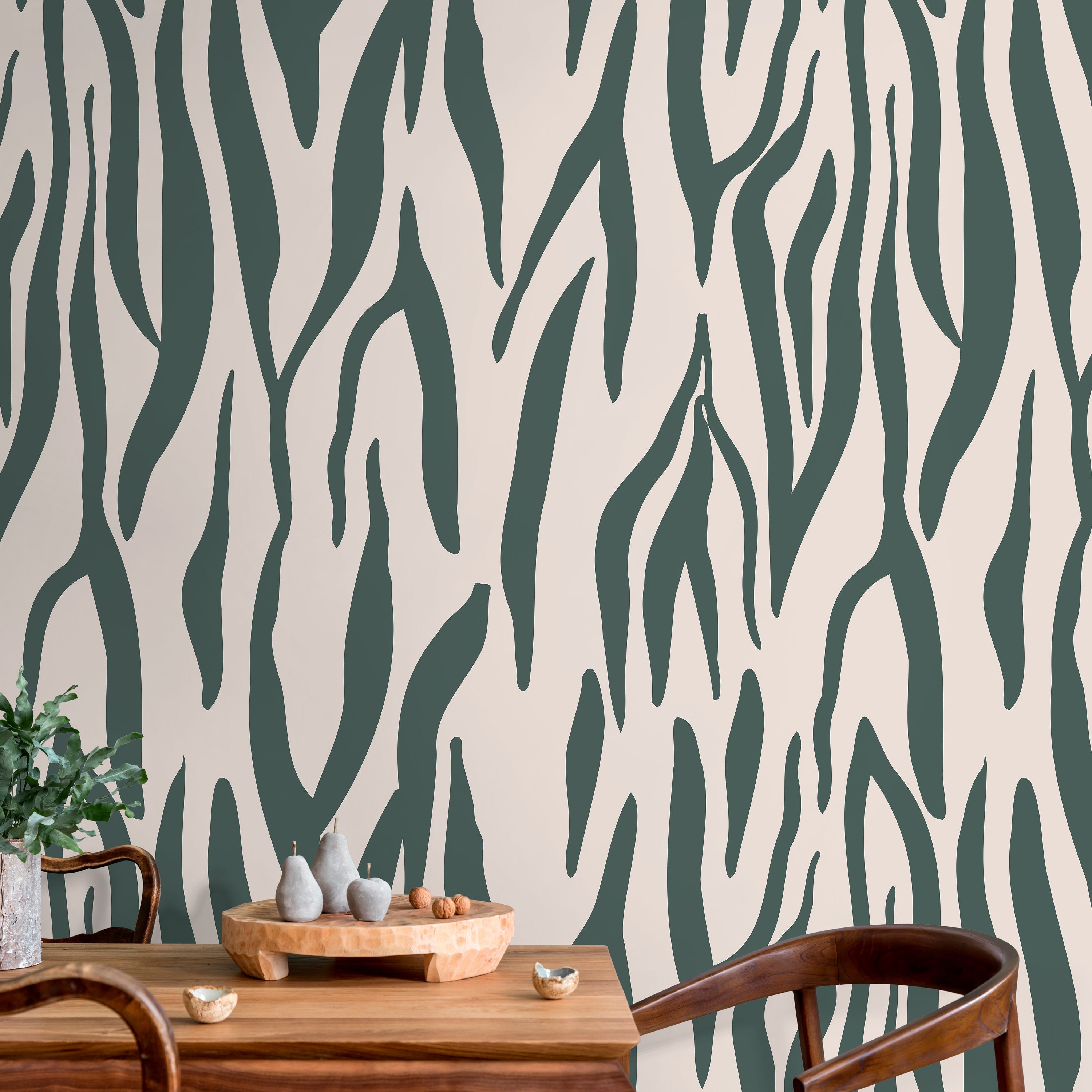 Abstract Wallpaper With An Organic Stripe Motif In Green And Beige - D609