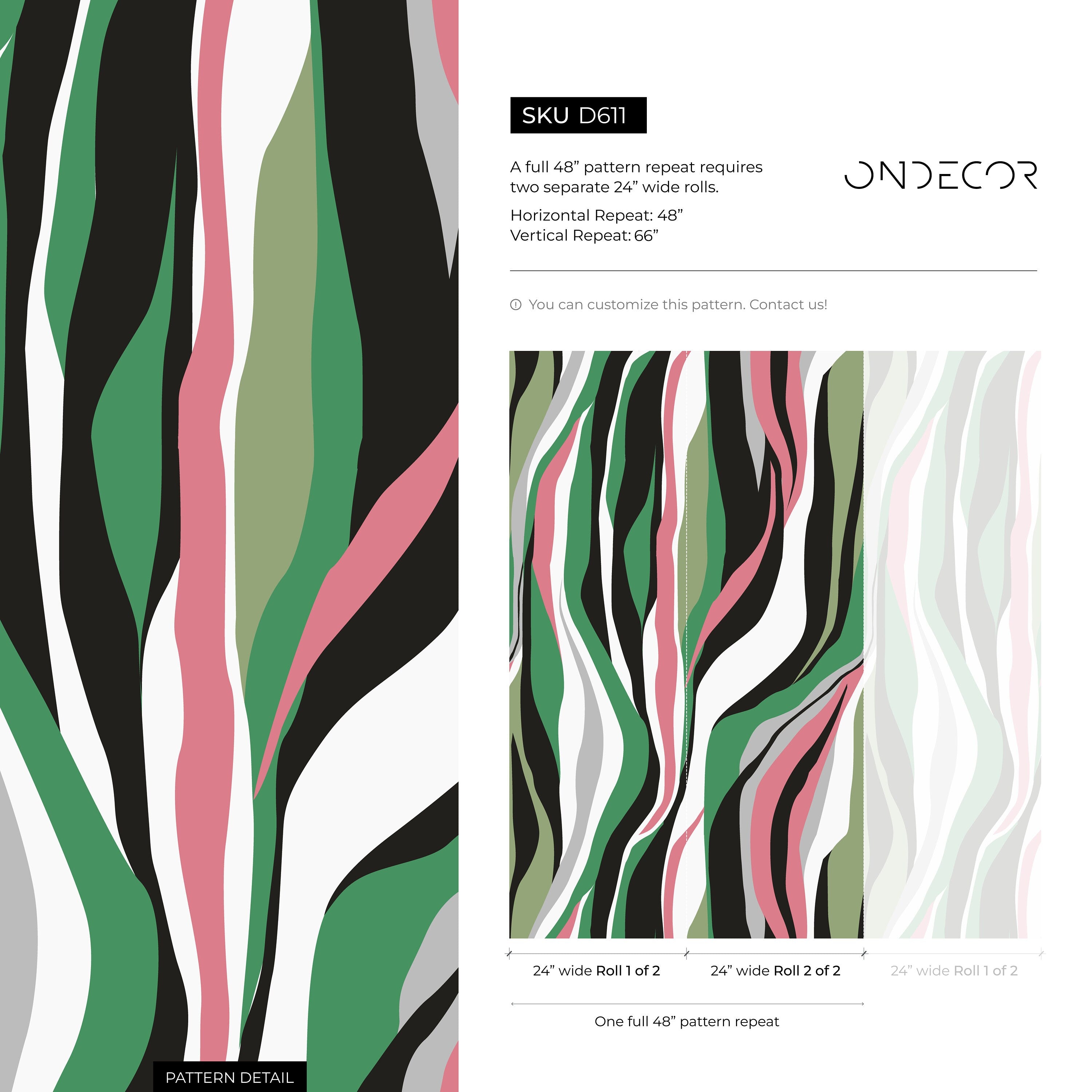 Abstract Wallpaper With Flowing Organic Waves In Green, Pink, And Black - D611