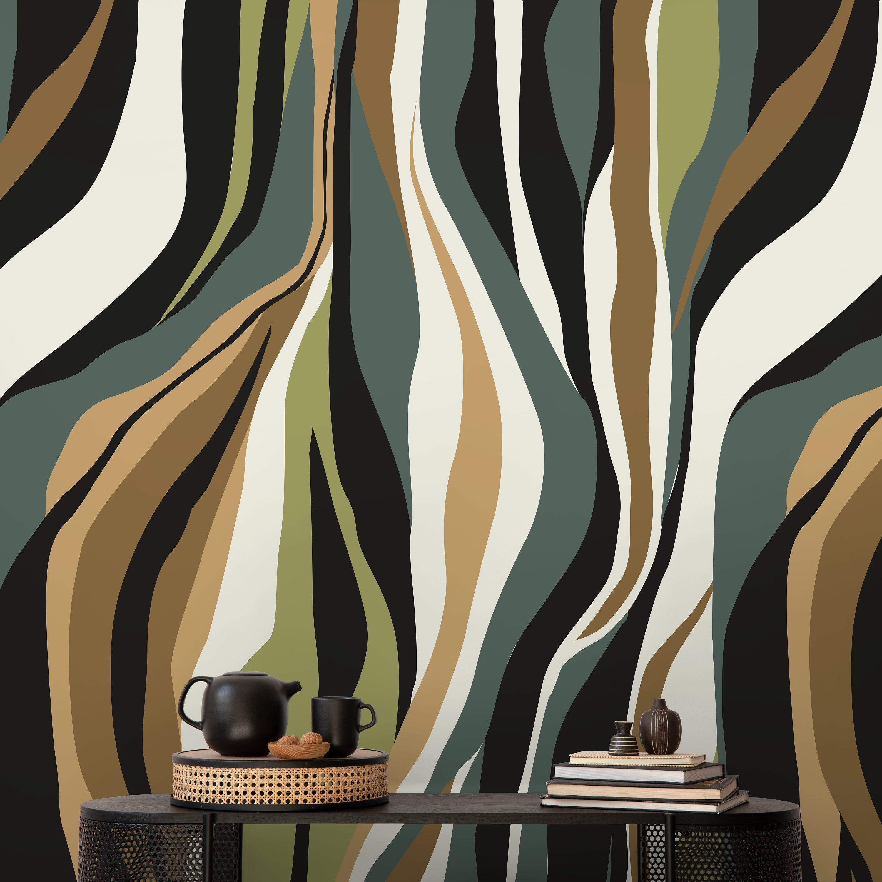 Abstract Wallpaper With A Flowing Wave Motif In Black, Green, And Brown - D613