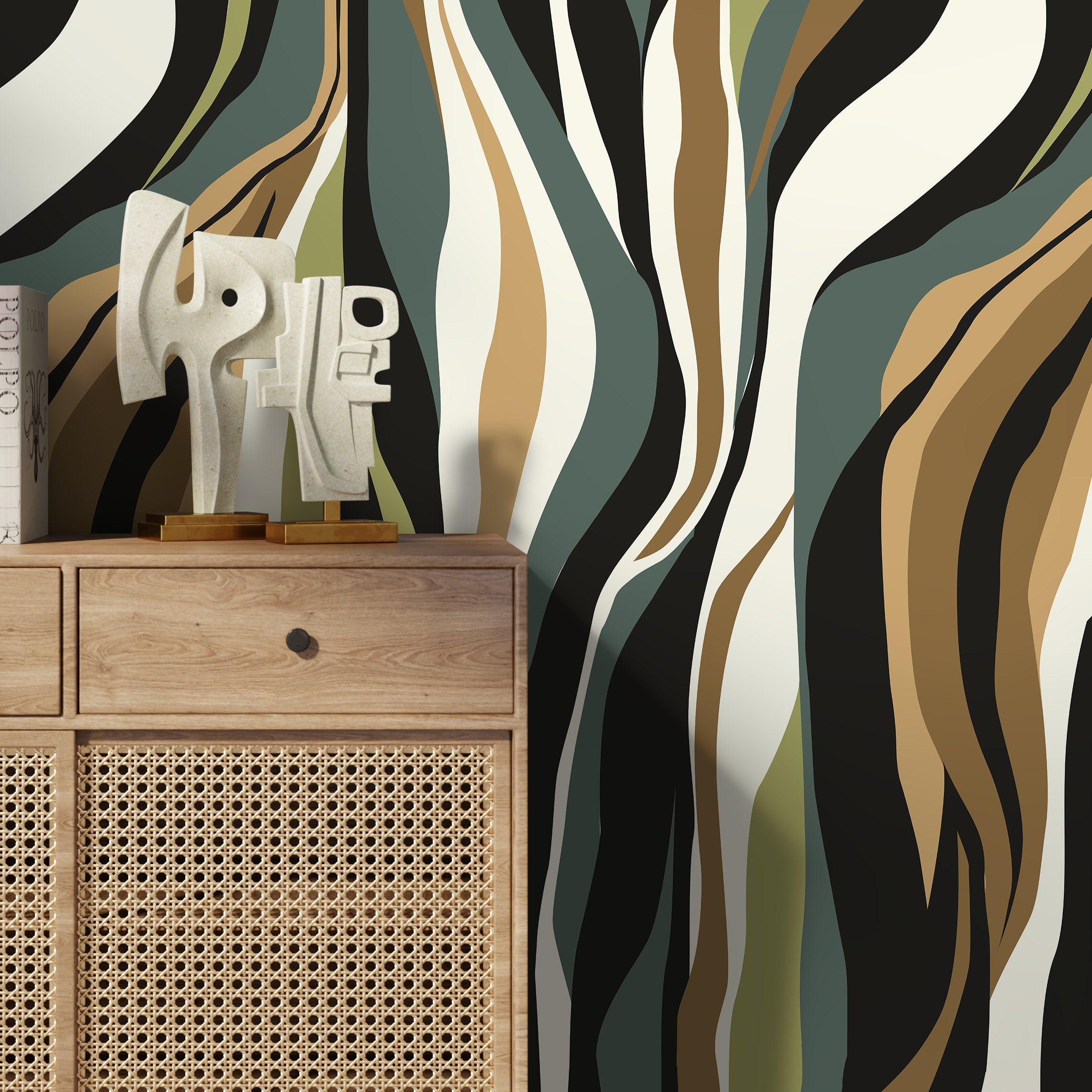 Abstract Wallpaper With A Flowing Wave Motif In Black, Green, And Brown - D613
