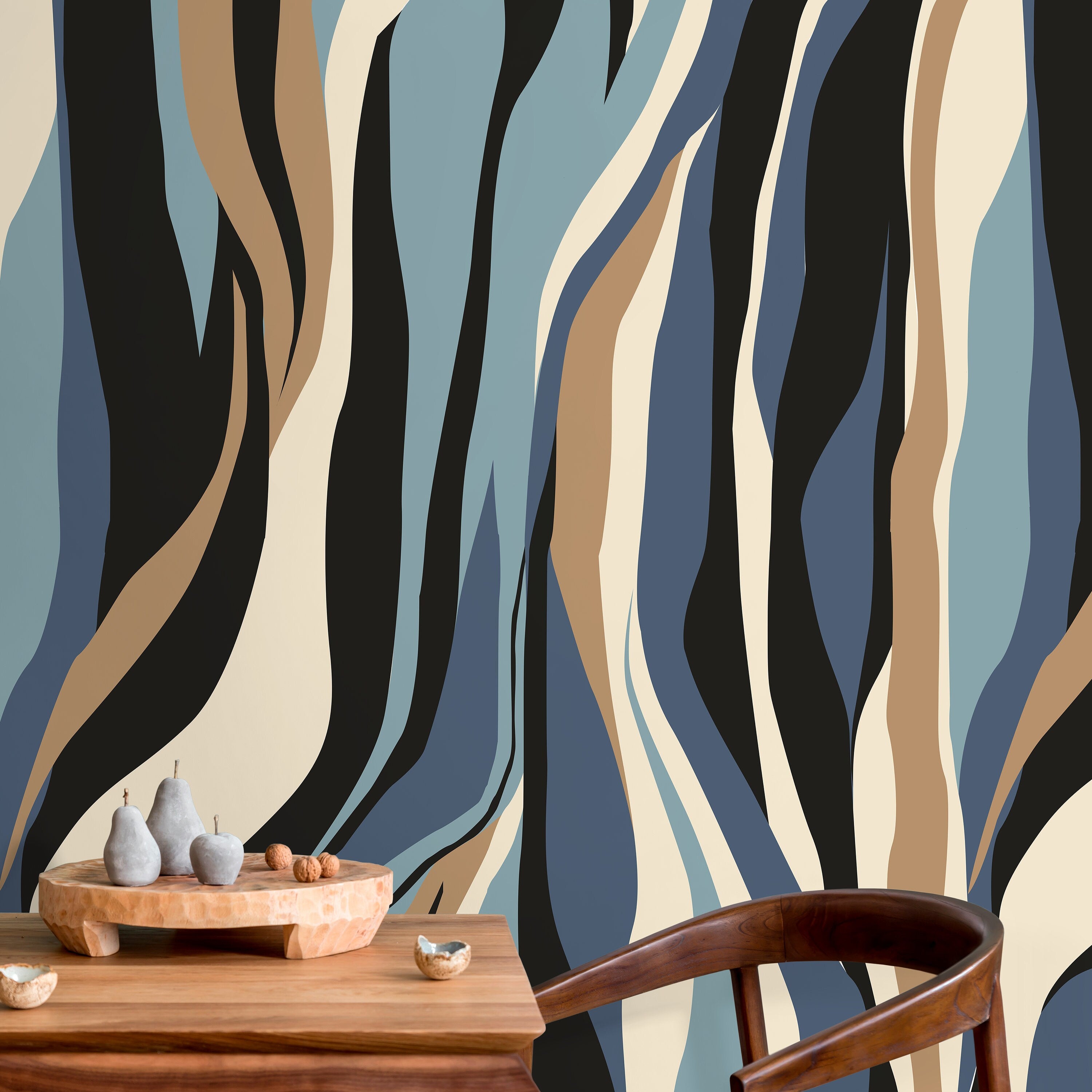 Abstract Wallpaper With Flowing Vertical Waves In Blue, Tan, And Black - D614