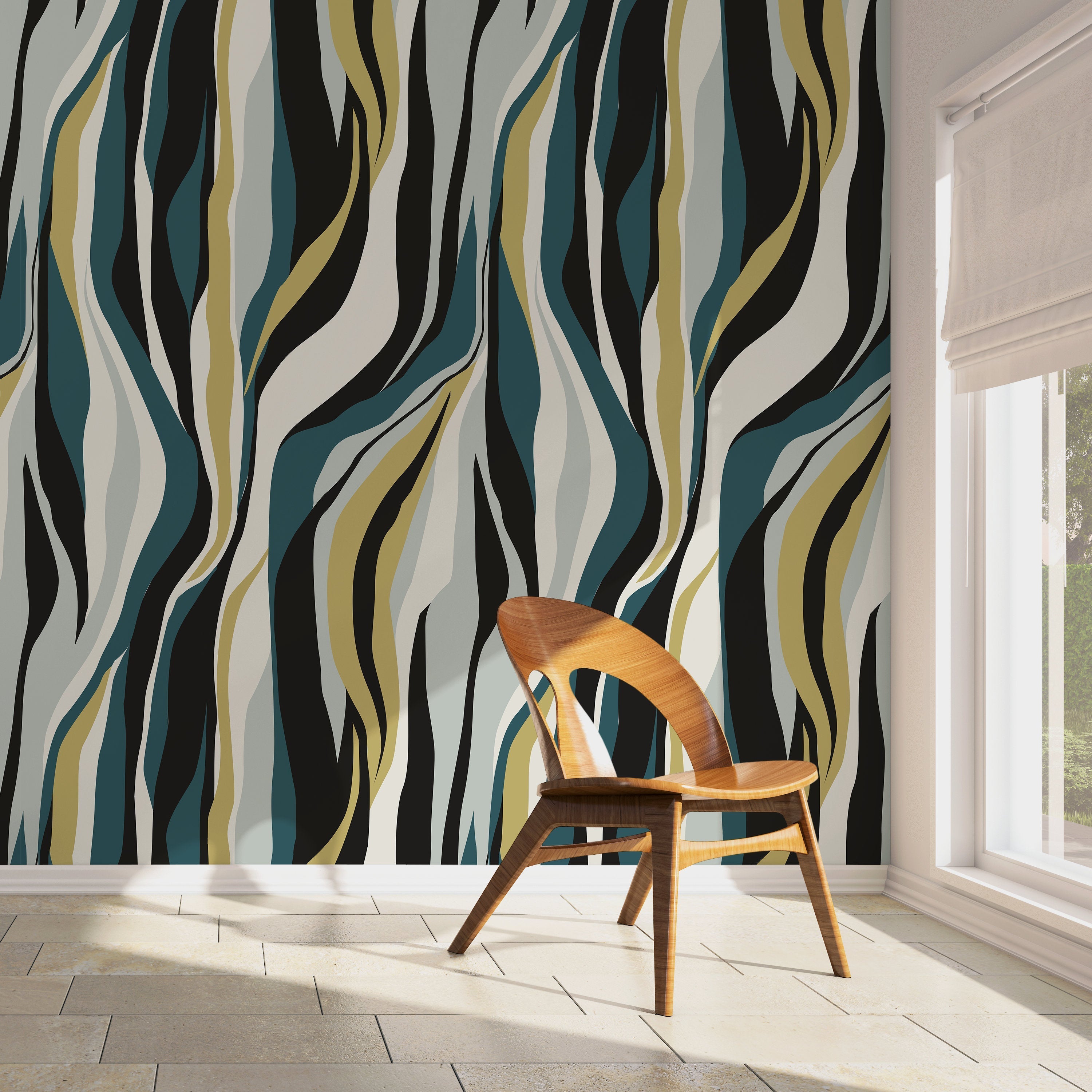 Abstract Wallpaper With Flowing Organic Stripes In Teal, Yellow, And Black - D615